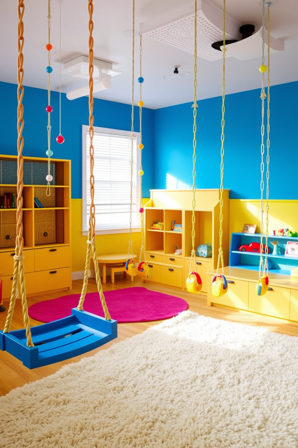 A cozy DIY craft corner features a large wooden table surrounded by colorful chairs. Shelves filled with art supplies and craft materials line the walls, while a pegboard displays tools and inspiration. The kids game room is designed with vibrant colors and playful furniture. A soft rug provides a comfortable play area, and a variety of games and toys are neatly organized in bins for easy access.