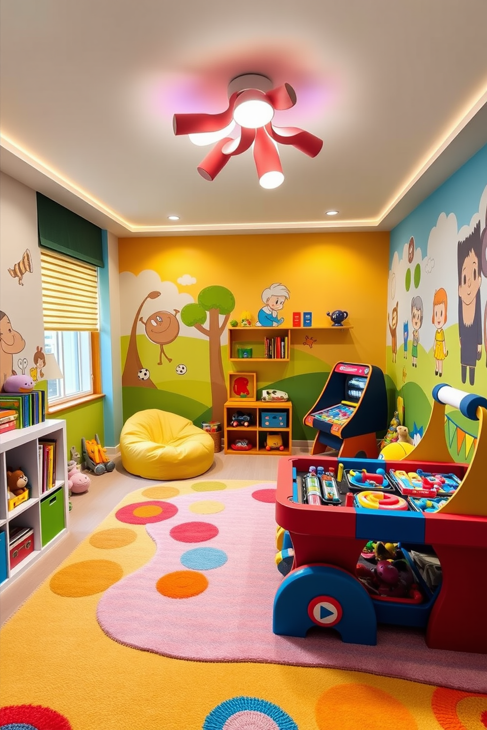 A vibrant kids game room filled with playful colors and textures. The walls are adorned with whimsical murals of cartoon characters and the floor is covered with a soft, colorful rug. The room features a cozy reading nook with bean bags and a small bookshelf. A fun-shaped light fixture hangs from the ceiling, casting a warm glow over the game area filled with various toys and games.