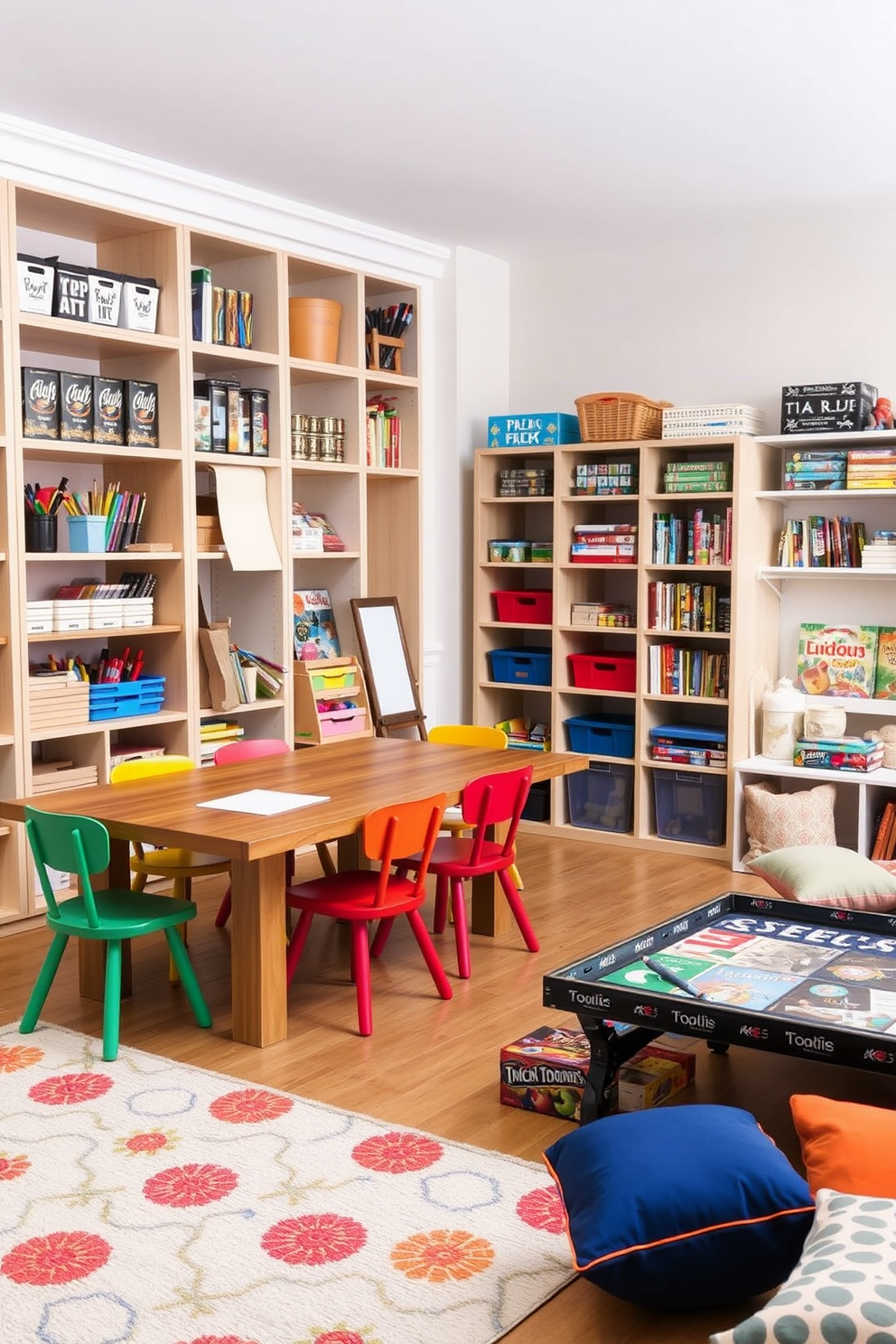 Art station with supplies for creativity. The space features a large wooden table surrounded by colorful chairs, with art supplies neatly organized in open shelving. Kids game room design ideas. The room includes a vibrant play area with a soft rug, a variety of board games, and a cozy reading nook filled with cushions and books.