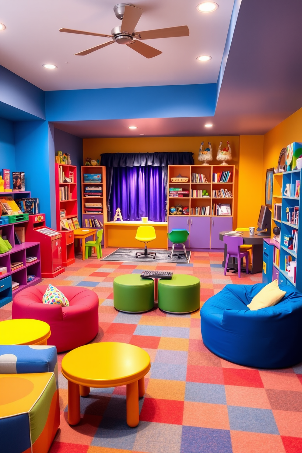 A vibrant kids game room filled with colorful furniture and playful decor. The walls are painted in bright primary colors, and there are various game stations including a mini stage for performances with a small curtain and spotlight. Soft seating options like bean bags and low tables are scattered throughout the room for comfort and creativity. Shelves are filled with board games, books, and art supplies, creating an inviting space for imaginative play and performances.