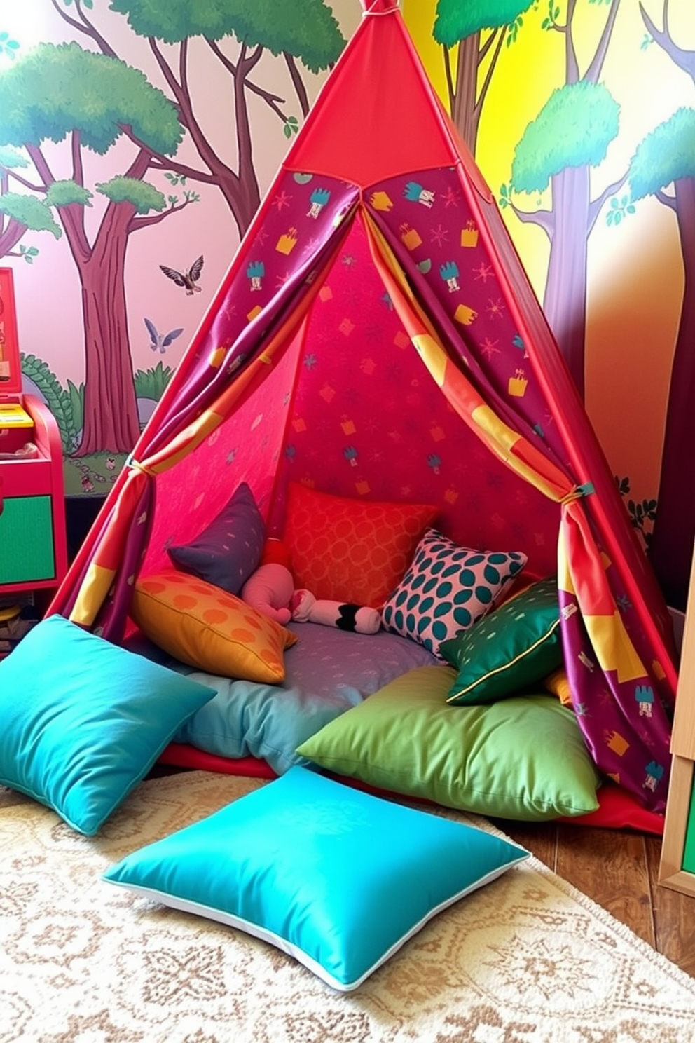 A vibrant adventure-themed play tent is set up in a cozy corner of the kids game room. The tent is adorned with colorful patterns and features a variety of plush cushions scattered around for comfort. Brightly colored walls showcase a mural of a jungle scene, complete with trees and playful animals. A soft, patterned rug covers the floor, providing a comfortable space for children to sit and engage in imaginative play.