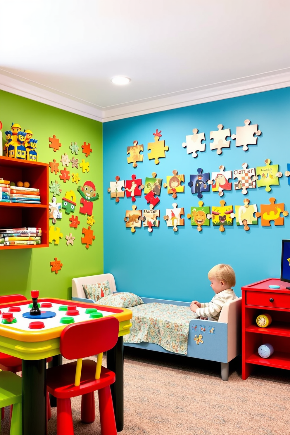 A vibrant kids game room filled with colorful wall-mounted shelves showcasing an array of toys and games. The room features a cozy seating area with bean bags and a playful rug, creating an inviting space for children to play and relax.