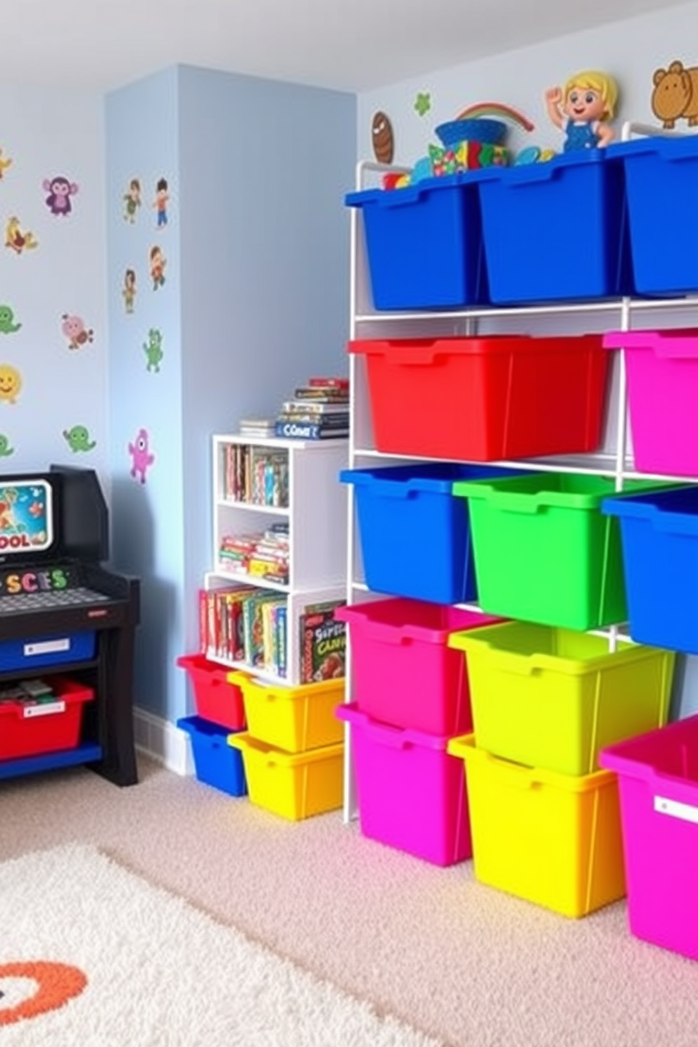 A vibrant kids game room filled with playful energy. The walls are painted in bright primary colors, and colorful curtains hang from the windows, adding a cheerful touch to the space. A cozy reading nook is created with a soft bean bag chair and a small bookshelf filled with colorful children's books. Toy storage bins in various shapes and sizes are neatly arranged, encouraging organization and fun.