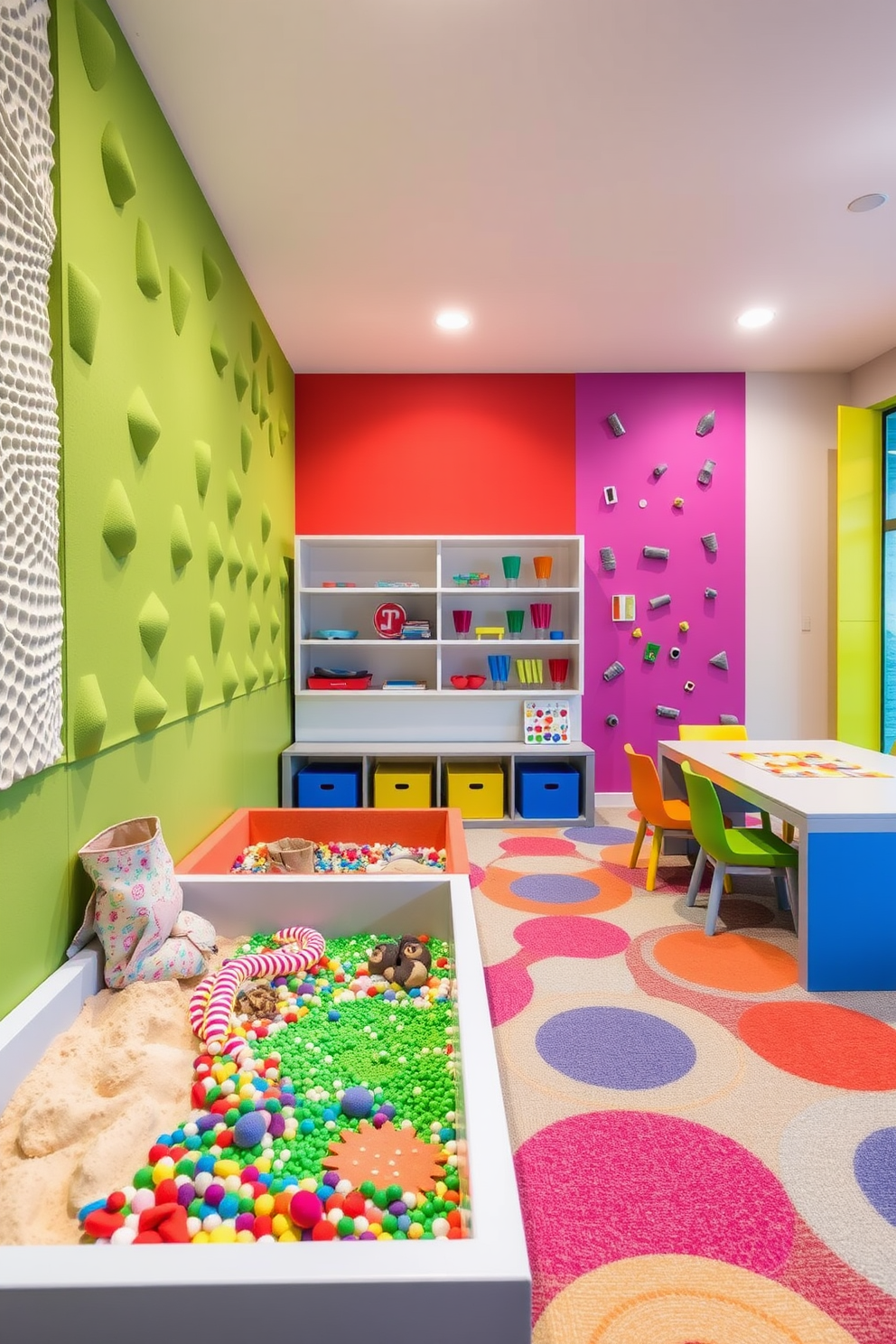 Create a sensory play area designed for children that features a variety of textures to stimulate their senses. Include soft rugs, textured wall panels, and interactive sensory bins filled with different materials like sand, water beads, and fabric swatches. Design a vibrant kids game room that encourages play and creativity. Incorporate colorful furniture, a climbing wall, and dedicated spaces for board games, arts and crafts, and imaginative play.