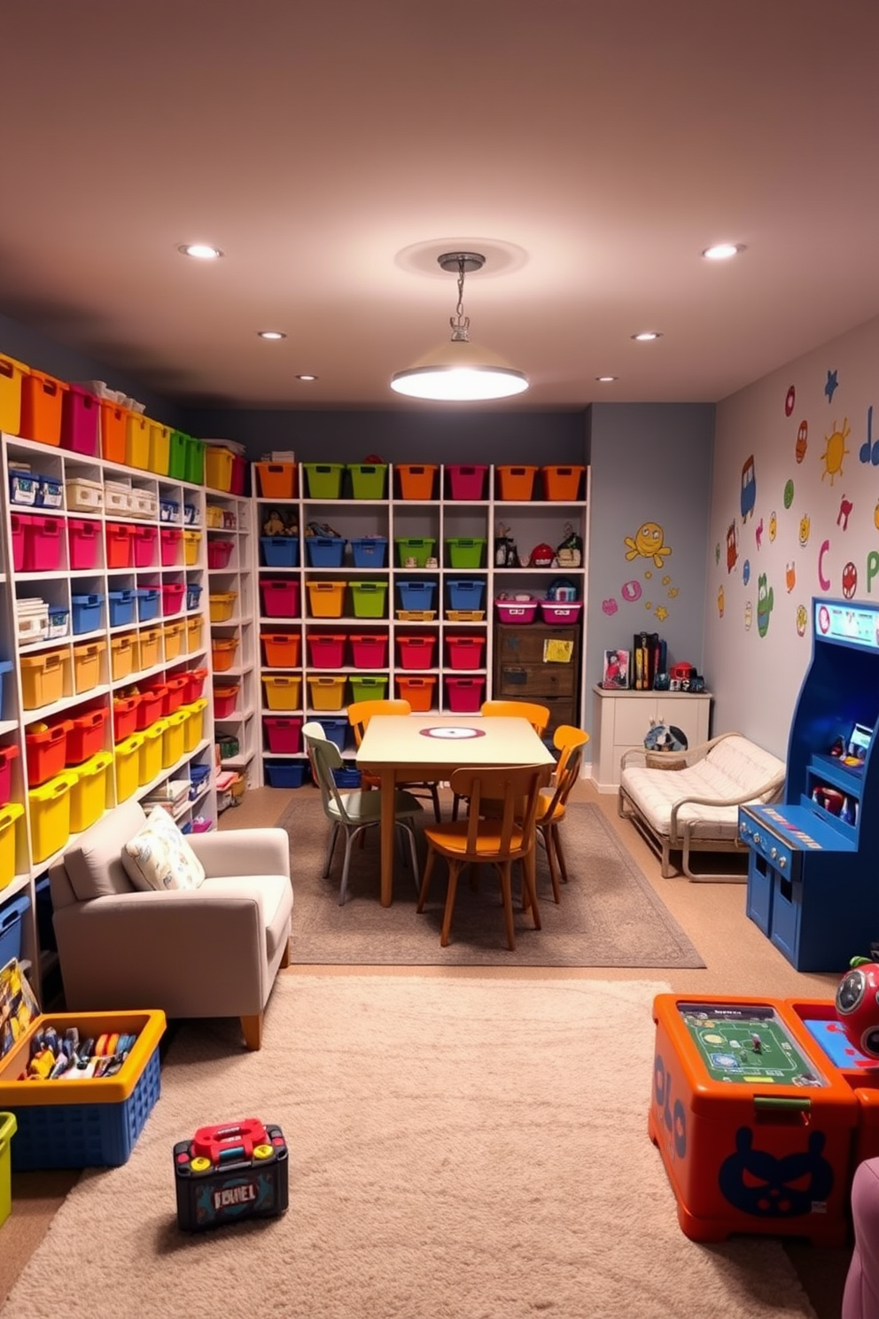 A cozy DIY craft corner filled with colorful storage bins for easy access to supplies. A large table in the center is surrounded by comfortable chairs, with bright lighting overhead to inspire creativity. A vibrant kids game room designed with playful colors and fun wall decals. The space features a soft rug for play, a selection of games and toys, and cozy seating for friends to gather and enjoy.