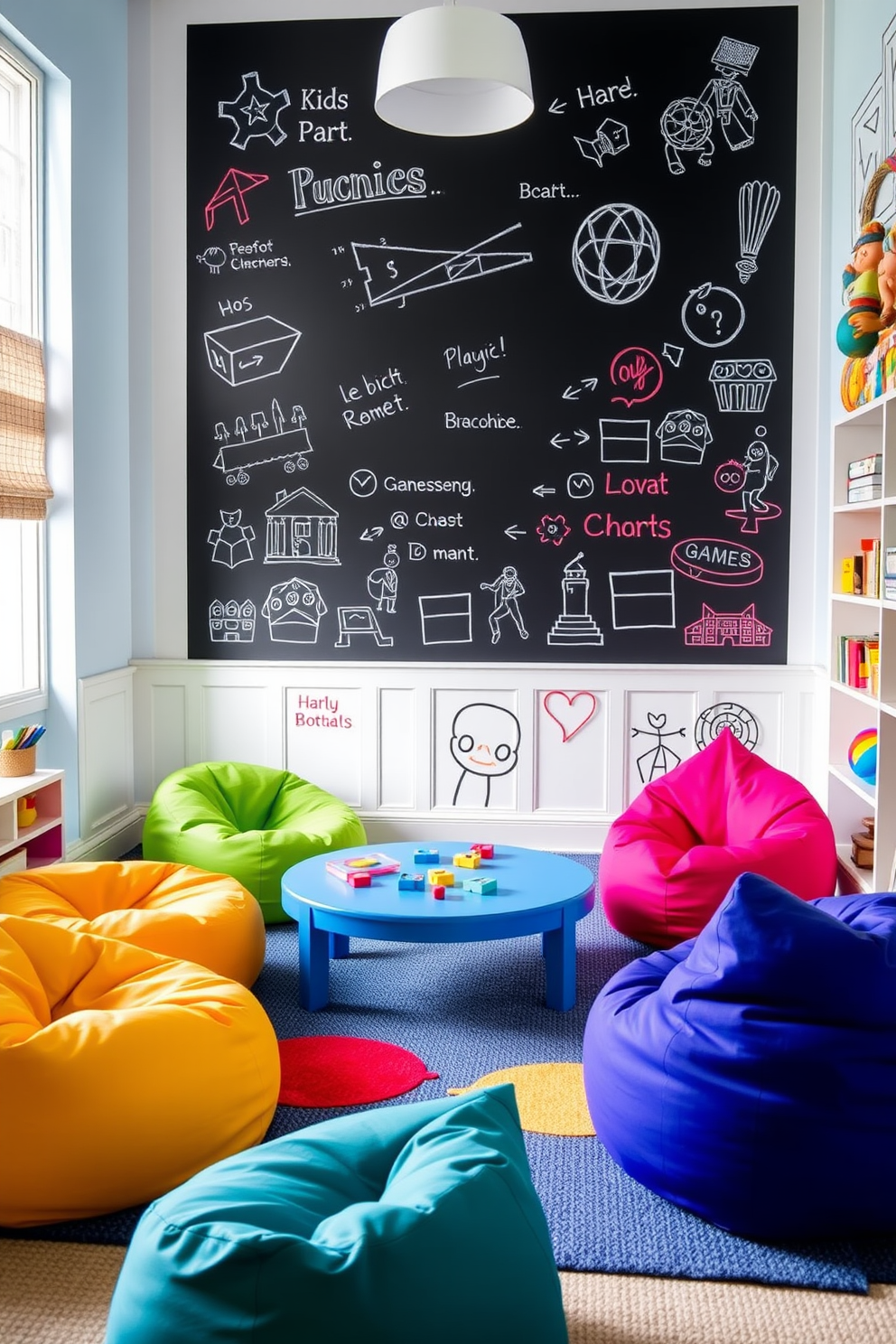 A vibrant kids game room featuring an interactive chalkboard wall that encourages creativity and play. The room is filled with colorful furniture, including bean bags and a low table for games and crafts.