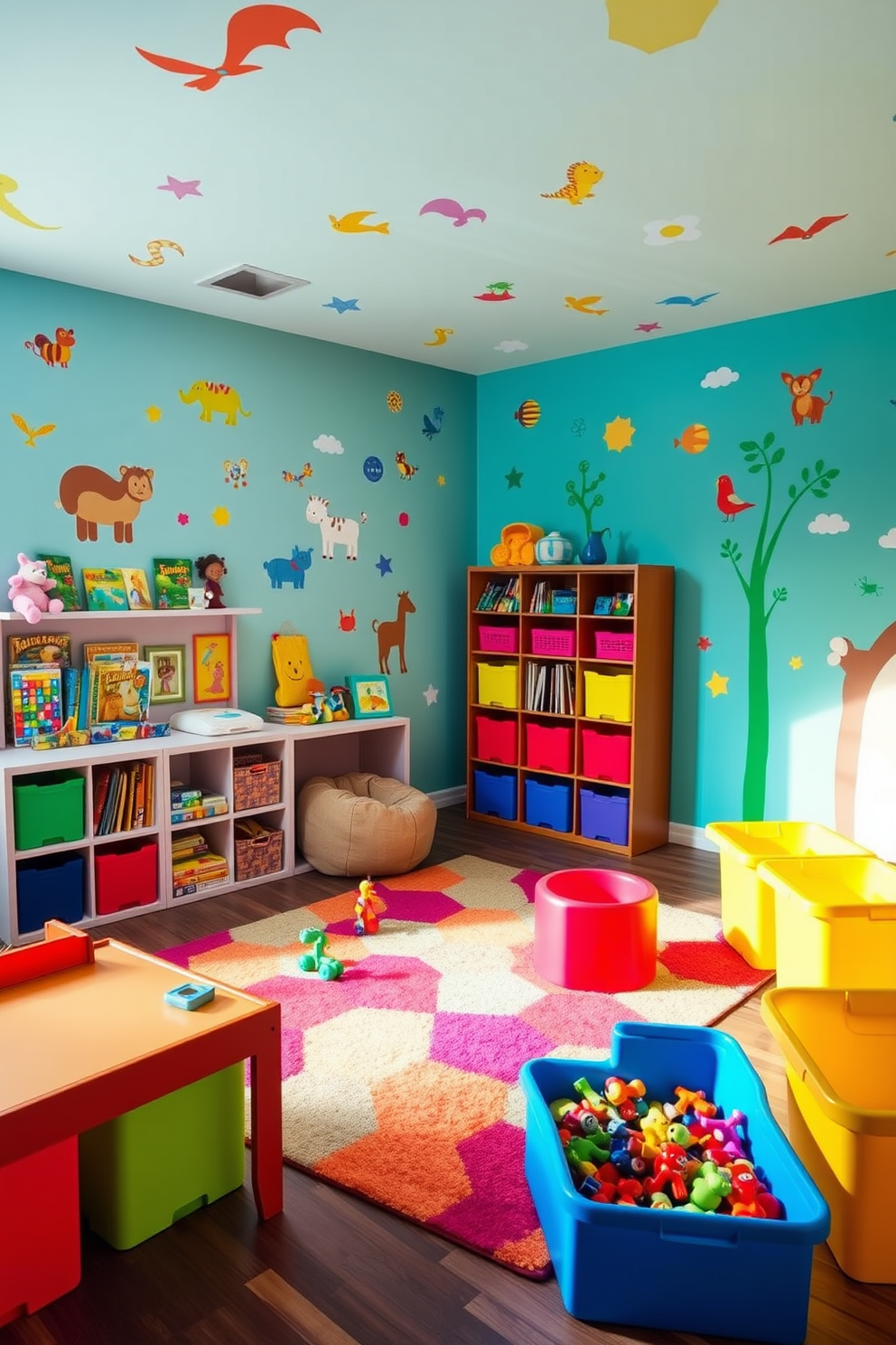 A vibrant kids game room filled with colorful wall decals featuring playful animals and whimsical shapes. The room includes a cozy reading nook with a bean bag chair and a low bookshelf stocked with fun games and books. A large play area is centered with a soft, colorful rug where children can enjoy various games and activities. Brightly colored storage bins are arranged neatly to keep toys organized and easily accessible.