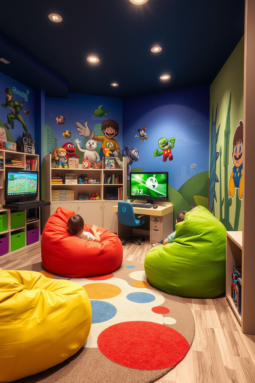 A vibrant kids game room filled with excitement. The space features a cozy video game station with plush bean bag chairs in bright colors, inviting children to sit and play. The walls are adorned with playful murals of their favorite video game characters. A large rug with a fun design anchors the area, while shelves display an array of games and toys.