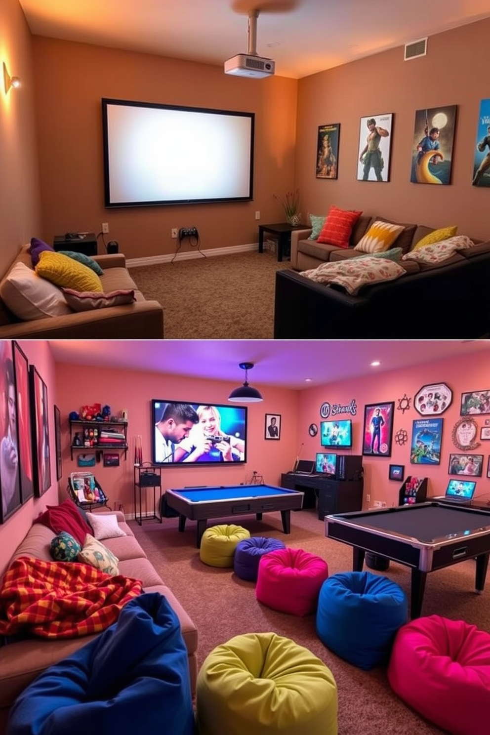 A cozy movie corner designed for family enjoyment. It features a large projector screen mounted on the wall, surrounded by plush seating and an array of colorful blankets. A vibrant game room filled with fun and creativity. It includes a variety of gaming consoles, a pool table, and bright bean bags for a playful atmosphere.