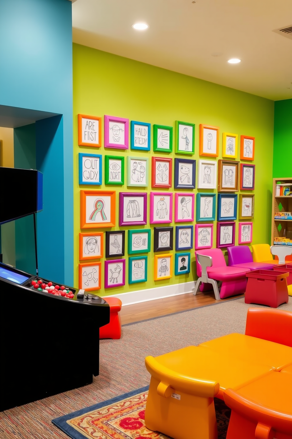 A vibrant wall of fame showcases children's artwork in a playful gallery style. Colorful frames in various sizes surround the drawings, creating a cheerful and inspiring atmosphere. The kids game room features a spacious layout with bright, comfortable seating and a variety of games. A large rug defines the play area, and walls are painted in lively colors to stimulate creativity and fun.