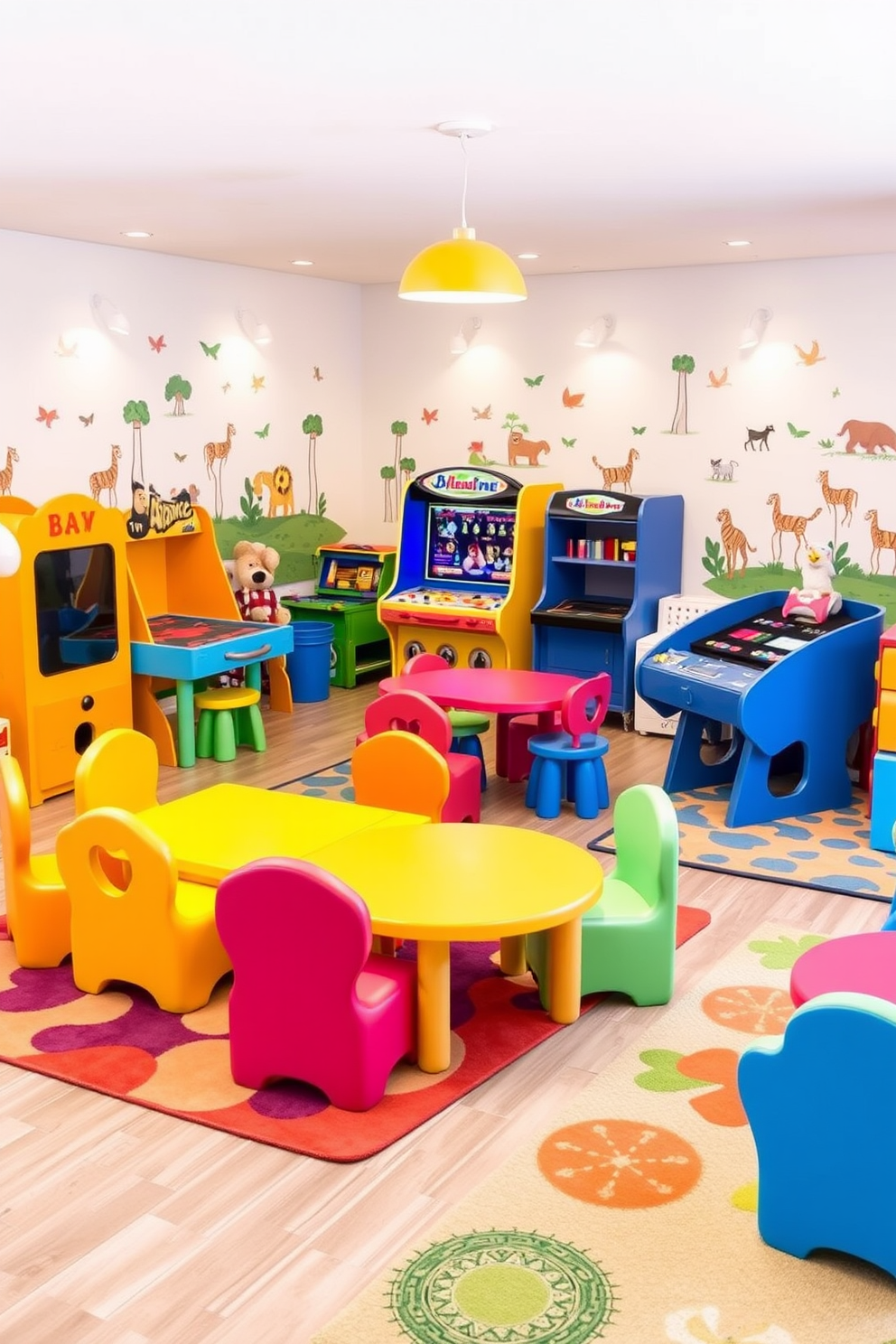 A vibrant kids game room filled with playful furniture shapes that resemble animals. The room features colorful rugs and wall decals, creating an inviting atmosphere for children to play and explore.