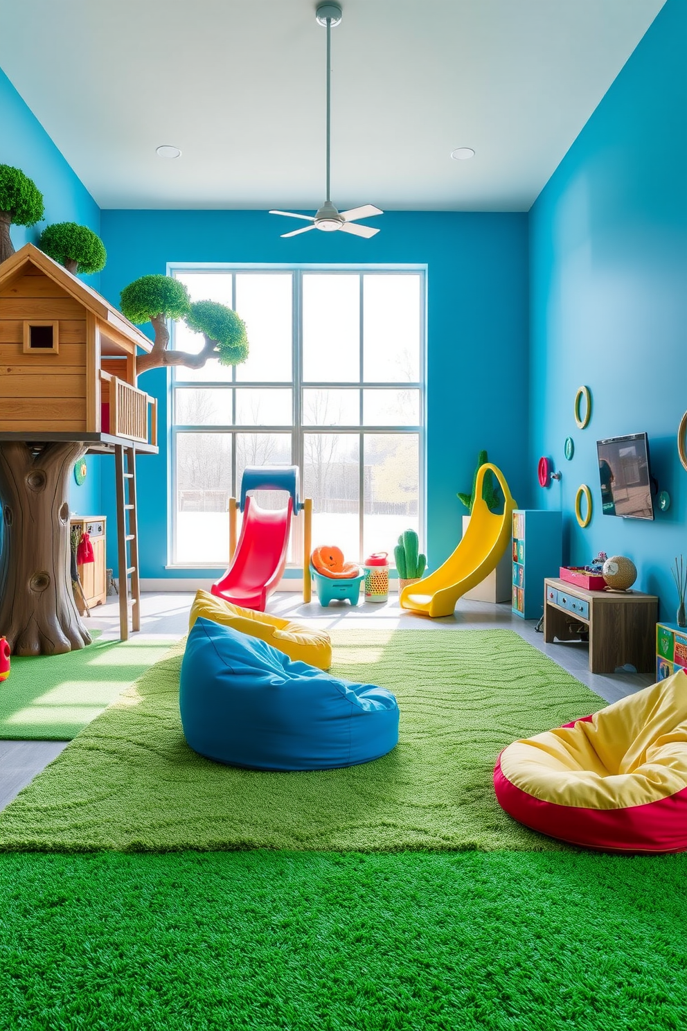 A vibrant kids game room filled with outdoor-inspired elements. The walls are painted in a bright sky blue, and there are large windows that let in natural light, creating a cheerful atmosphere. A play area features a treehouse-style play structure with slides and climbing walls. Colorful bean bags and a soft grass-like rug provide comfortable seating for kids to relax and play games.