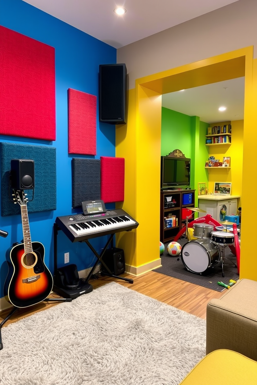 A vibrant and inviting sensory play area designed for younger kids. The space features colorful foam mats, a variety of textured wall panels, and sensory bins filled with different materials to engage their senses. In one corner, a small climbing structure encourages physical activity, while soft bean bags provide cozy seating for story time. The walls are adorned with playful murals, creating an imaginative atmosphere that sparks creativity and exploration.