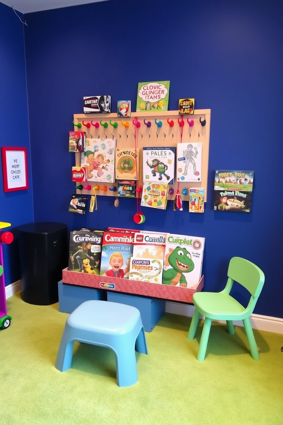 A vibrant kids game room featuring a game wall adorned with colorful hooks for hanging various games. The walls are painted in a playful blue hue, complemented by a soft carpet in bright, cheerful colors.