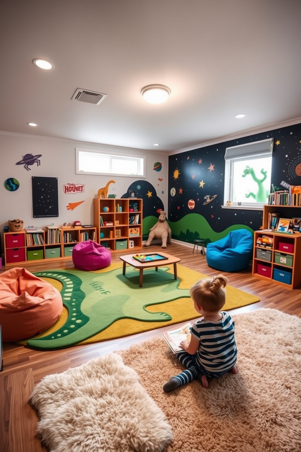 A vibrant kids game room filled with playful energy. The space features colorful wall art and a cozy seating area with bean bags in various shapes and sizes. Unique light fixtures hang from the ceiling, incorporating fun designs like oversized toys and whimsical shapes. A large rug with a bright pattern anchors the room, providing a soft area for play and creativity.