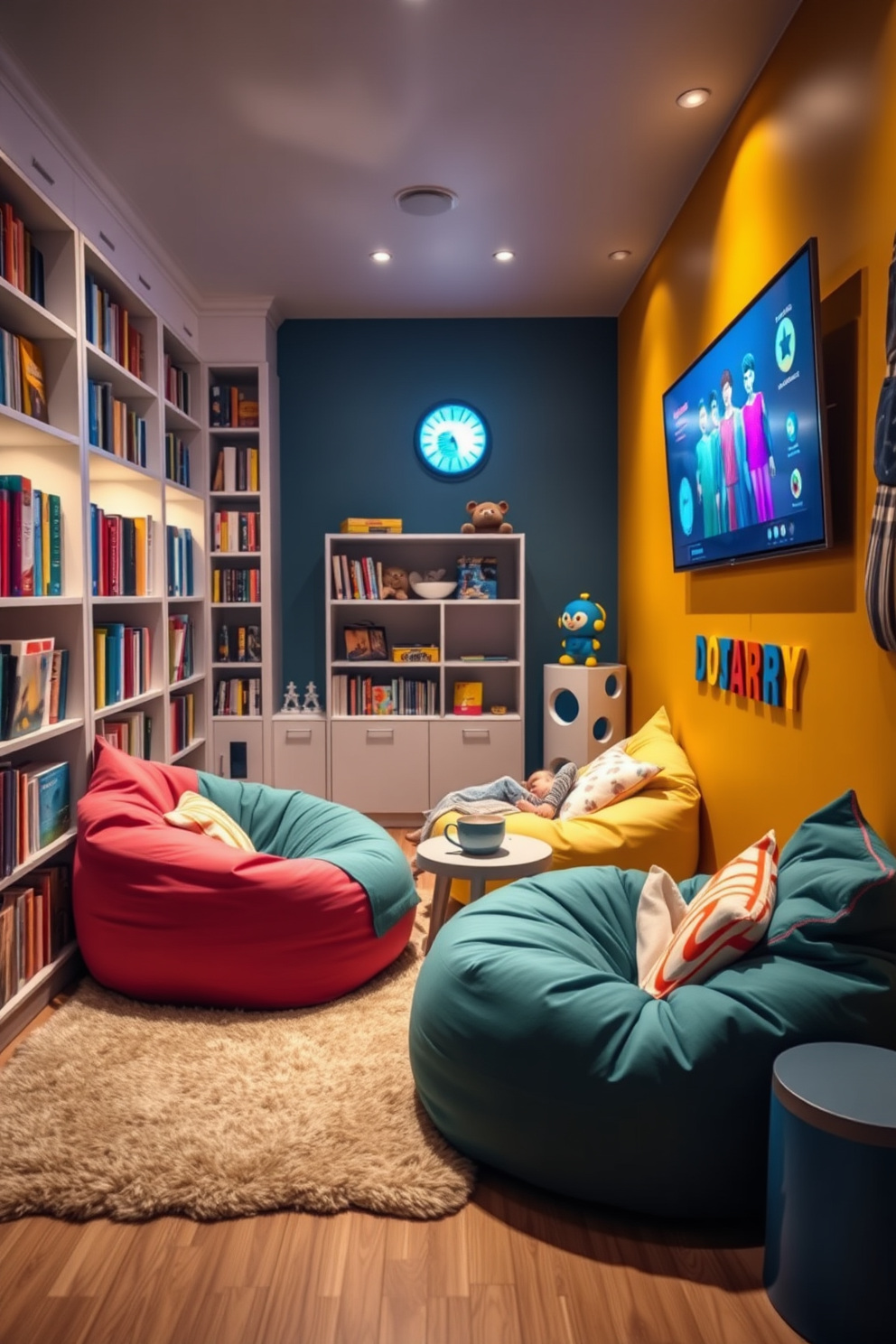 A vibrant kids game room featuring an interactive chalkboard wall that encourages creativity and play. The room is filled with colorful bean bags, a low table for games, and shelves stocked with toys and art supplies.