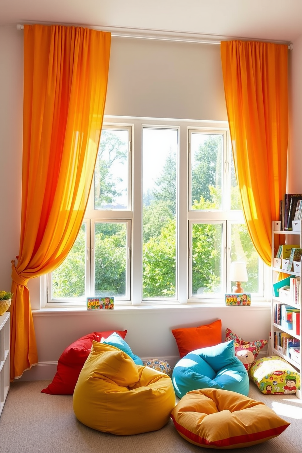 Bright curtains frame the windows, allowing abundant natural light to flood the room. The playful colors of the curtains complement the vibrant decor, creating an inviting atmosphere for children to play. A cozy seating area is arranged with bean bags and colorful cushions, perfect for relaxation and games. Wall-mounted shelves display an array of toys and books, ensuring easy access and organization for a fun-filled environment.