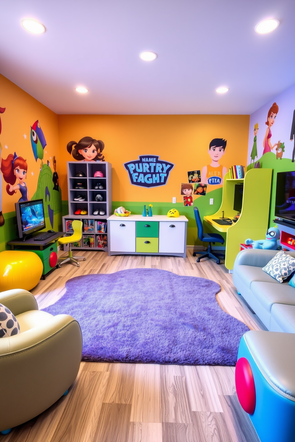 Create a vibrant and playful kids game room inspired by favorite characters. The walls are adorned with colorful murals featuring beloved characters, and the furniture is designed with fun shapes and bright colors. In the center of the room, a large, soft area rug provides a cozy space for play. A gaming station with comfortable seating and themed accessories invites kids to enjoy their favorite games in style.