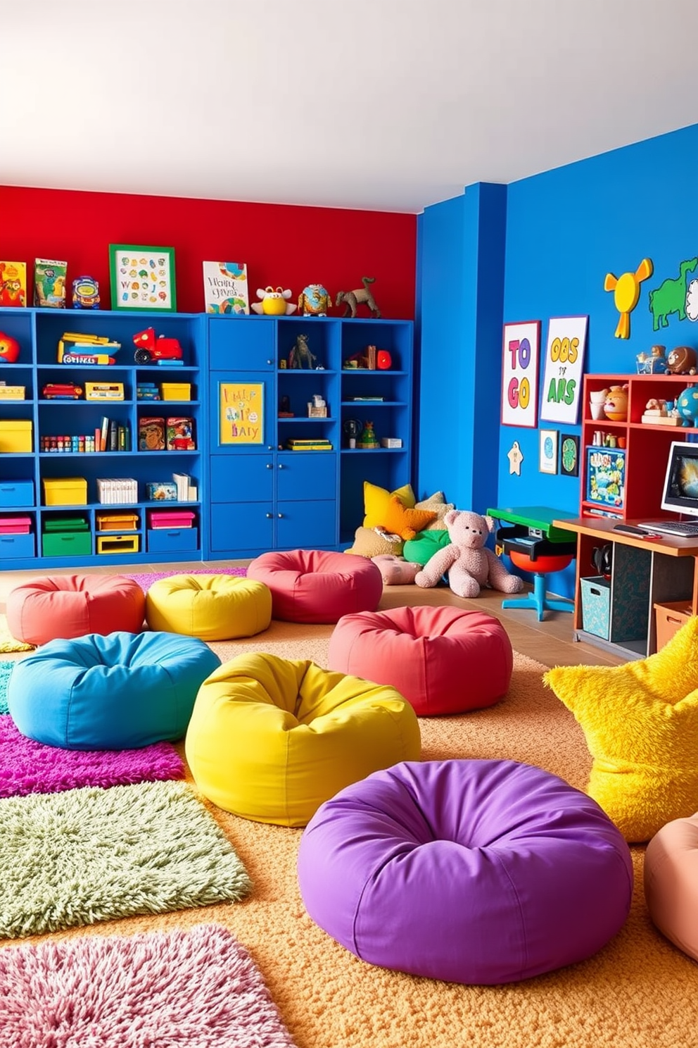 Bright rugs to define play areas in a vibrant kids game room. The room features colorful wall art and playful furniture, creating an inviting atmosphere for children to play and explore.