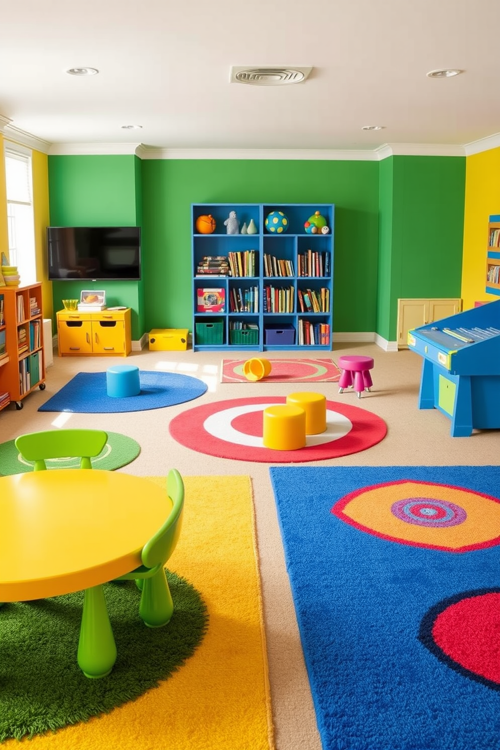 A vibrant kids game room filled with bright rugs that define play areas. The walls are painted in cheerful colors, and colorful furniture pieces create a fun and inviting atmosphere.