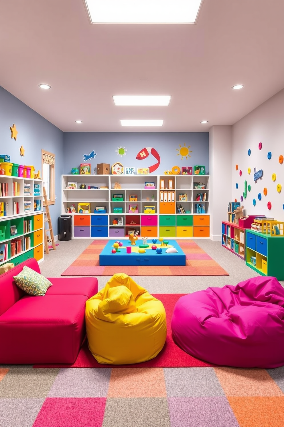 A vibrant kids game room filled with modular furniture that allows for flexible layouts. The room features colorful seating options that can be rearranged easily, along with a large play area covered in soft, durable flooring. Bright wall decals add a playful touch, while shelves display an array of toys and games. A cozy reading nook with bean bags encourages quiet time amidst the fun activities.