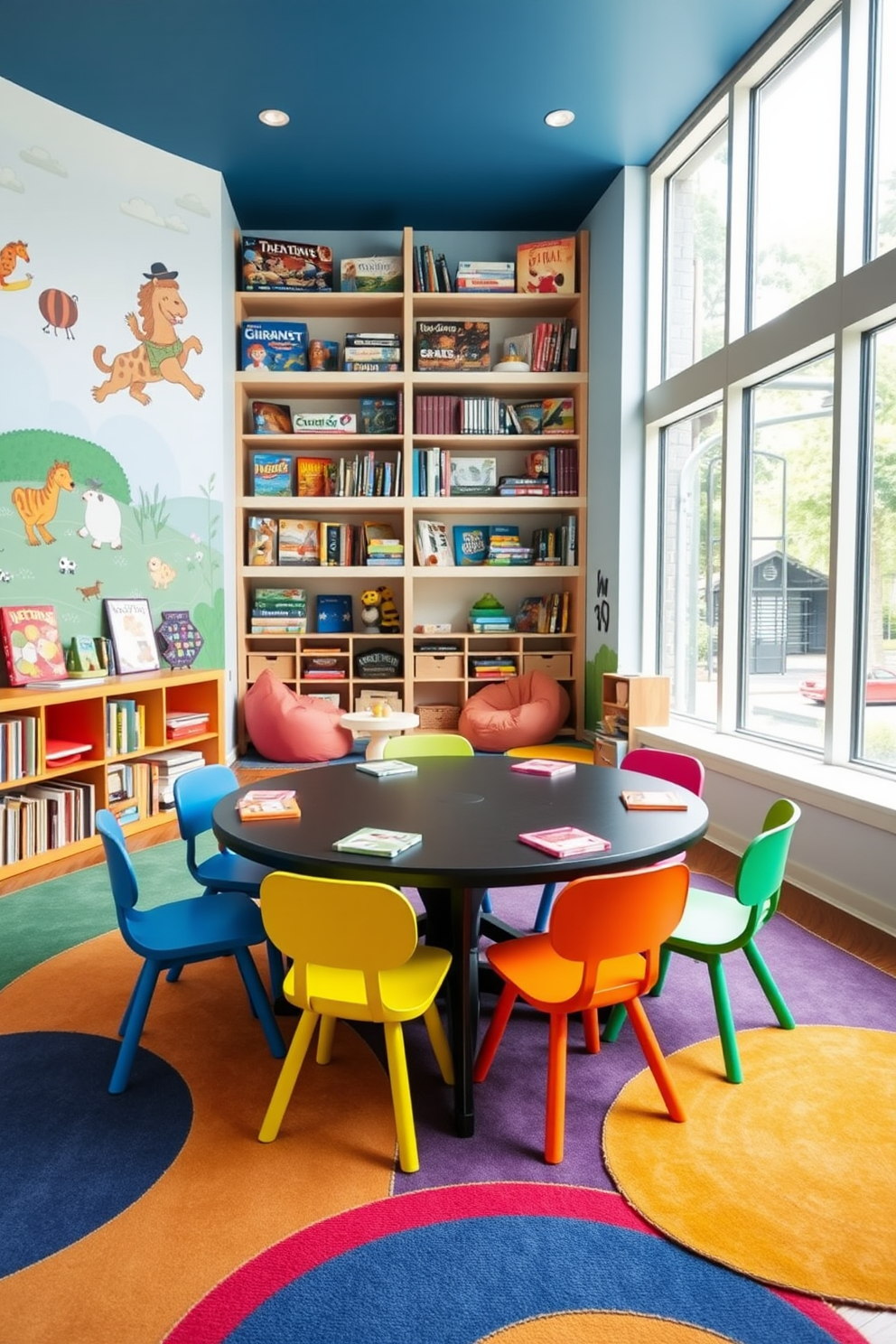 A vibrant game room designed for kids featuring a large round table surrounded by colorful chairs. The walls are adorned with playful murals and shelves filled with board games and puzzles, creating an inviting atmosphere for play. In one corner, a cozy reading nook with bean bags and a small bookshelf encourages quiet time between games. Bright rugs add warmth to the space, while ample natural light streams in through large windows, making it a cheerful retreat.