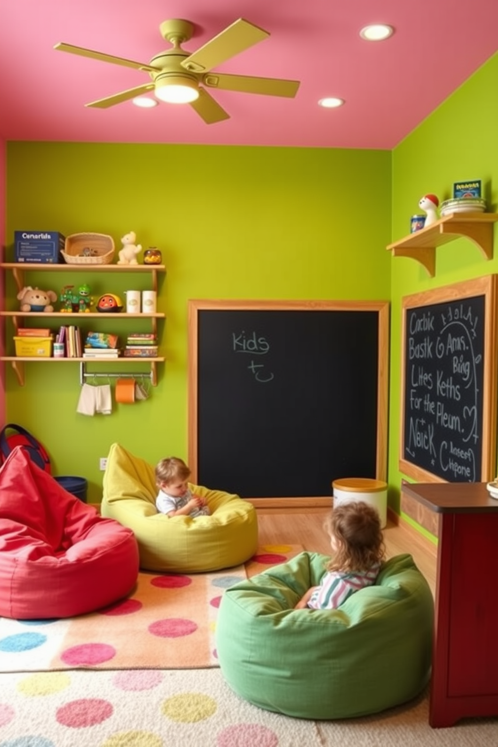 A vibrant kids game room filled with energy and fun. The walls are painted in bright colors, and wall-mounted shelves are installed at child-friendly heights for easy access to toys. Soft bean bags and colorful rugs create a cozy play area. A large chalkboard wall provides a creative outlet for kids to express themselves while they play.