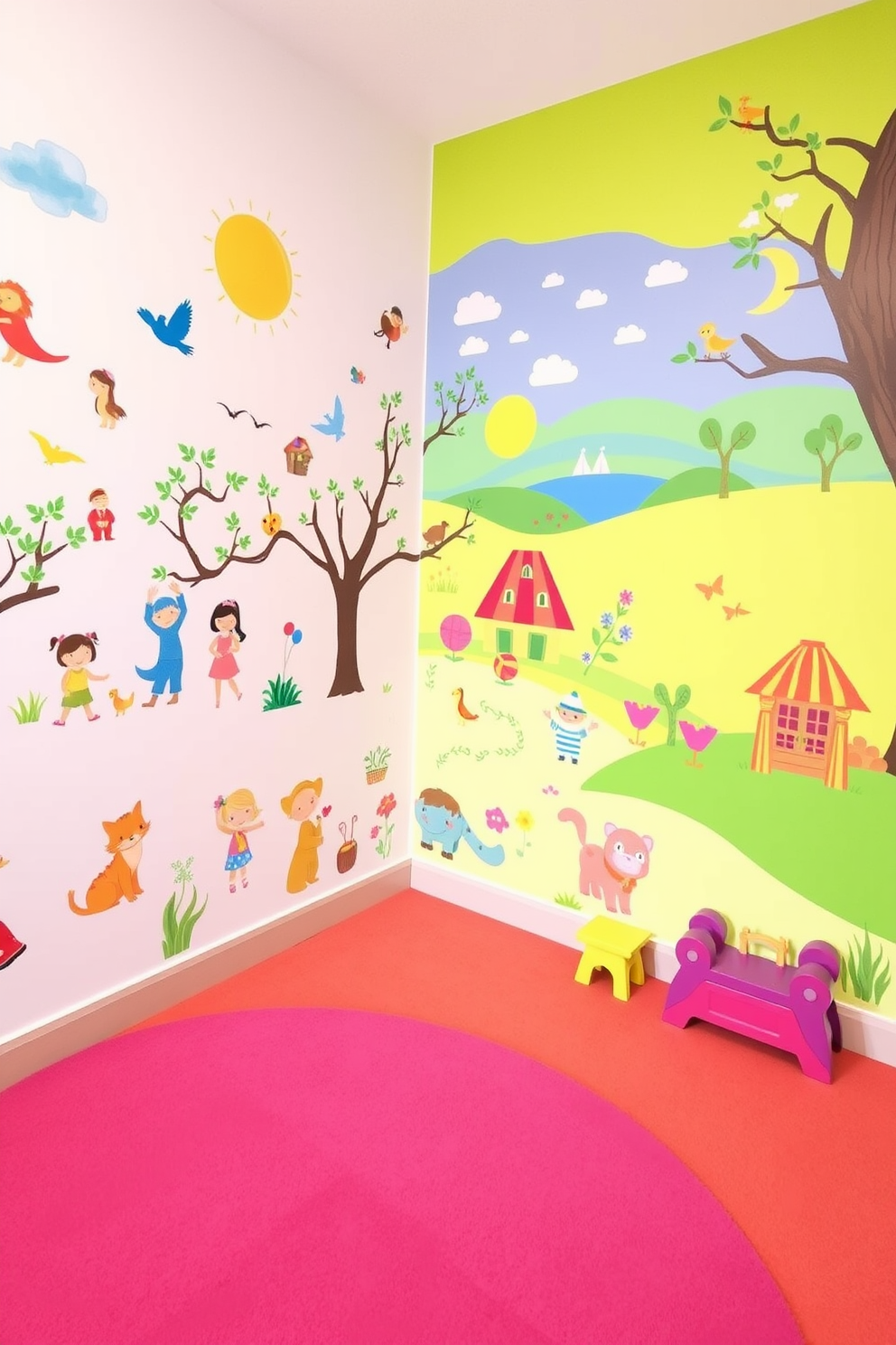 A vibrant kids playroom filled with bright colors and playful decor. The walls are painted in a lively shade of yellow with colorful wall decals of animals and stars. Soft, plush rugs in various colors cover the floor, providing a comfortable area for play. A large bookshelf filled with colorful books and toys is positioned against one wall, encouraging creativity and imagination.