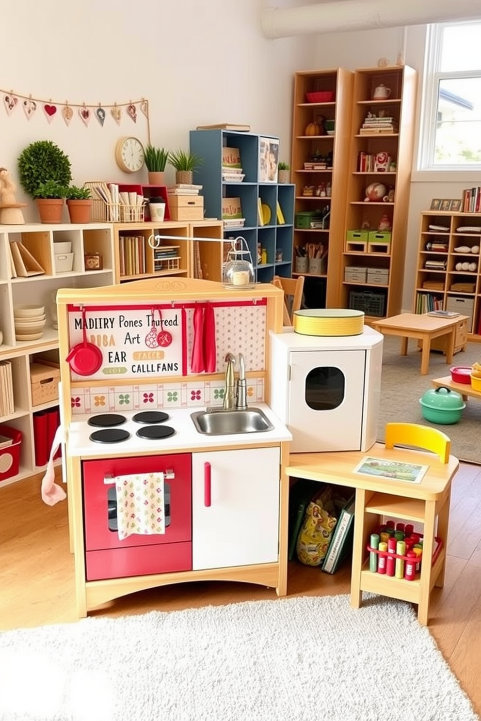 A whimsical play kitchen designed for imaginative role-playing adventures. The space features a colorful wooden kitchen set with a stove, sink, and refrigerator, surrounded by playful decor and a soft rug for comfort. The playroom is bright and inviting, filled with various activity zones for children to explore. Cozy reading nooks, art stations, and interactive toys are arranged to inspire creativity and social play.