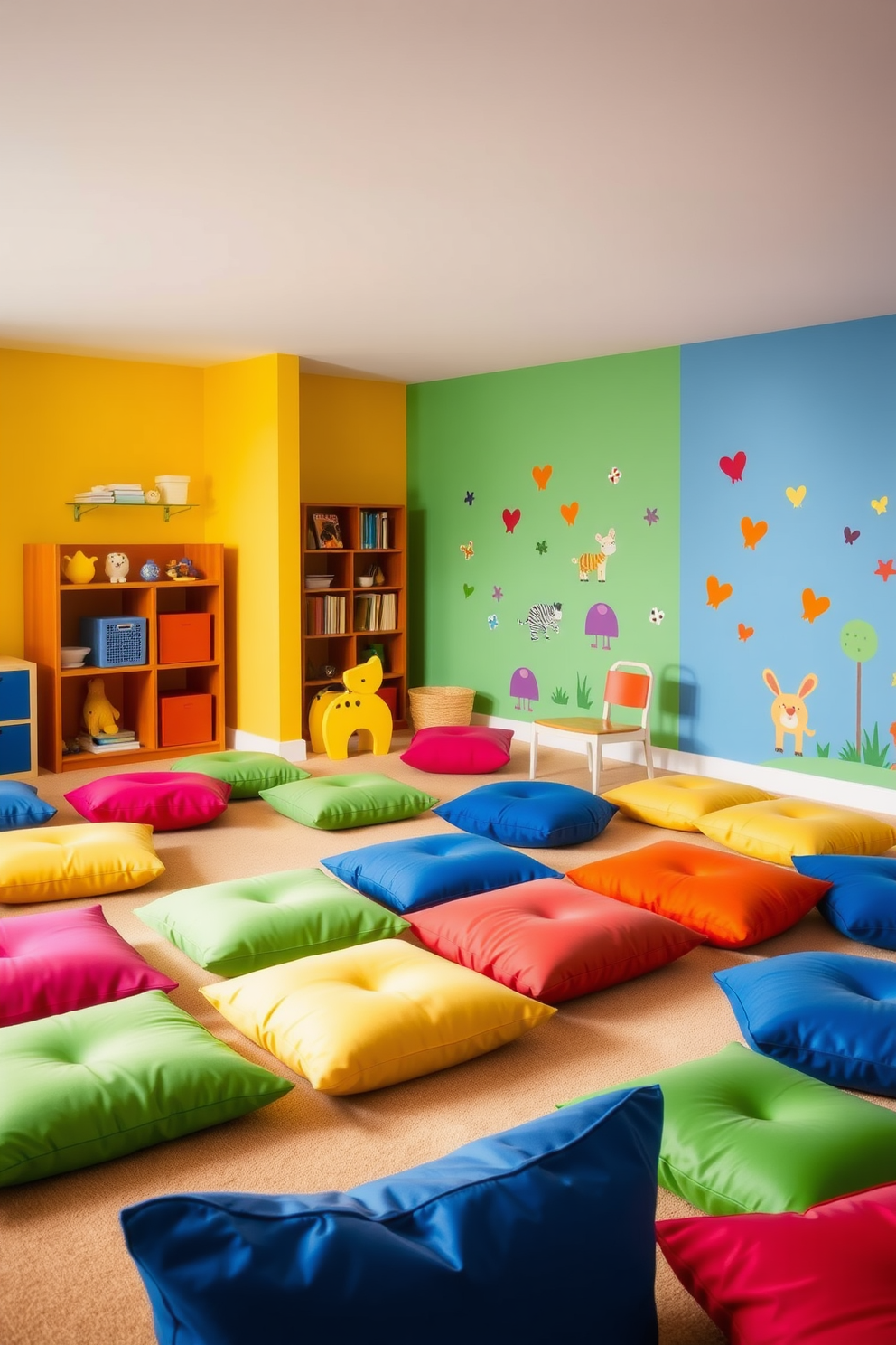 A vibrant kids playroom filled with colorful floor cushions scattered around for comfortable seating options. The walls are painted in bright primary colors, and there are playful wall decals featuring animals and shapes.