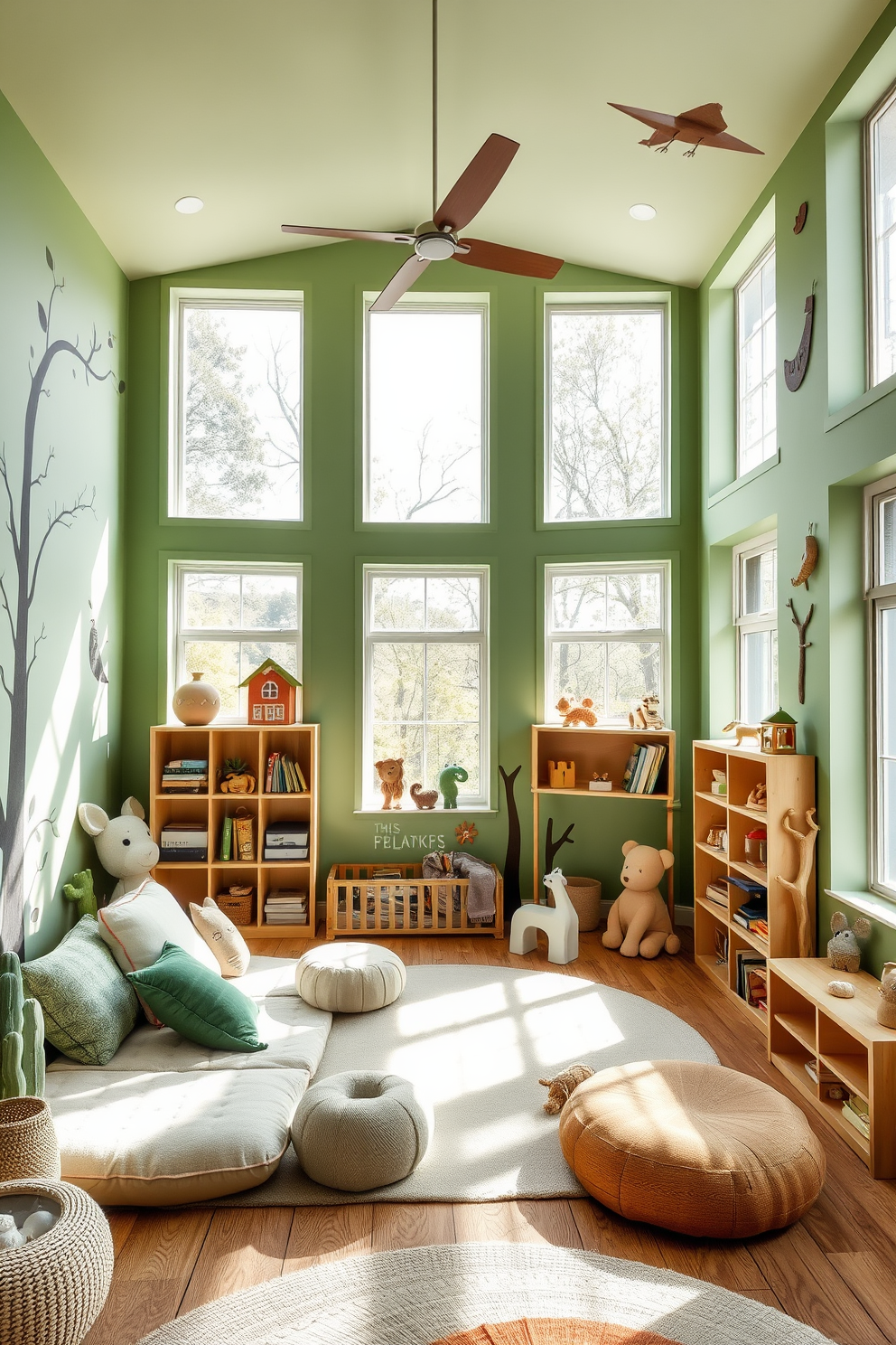 A serene kids playroom filled with nature-inspired decor. Soft green walls adorned with tree and animal motifs create a calming atmosphere. Cozy seating areas with plush cushions and organic shapes invite creativity and relaxation. Natural wood shelves display toys and books, while large windows let in plenty of sunlight, enhancing the cheerful vibe.