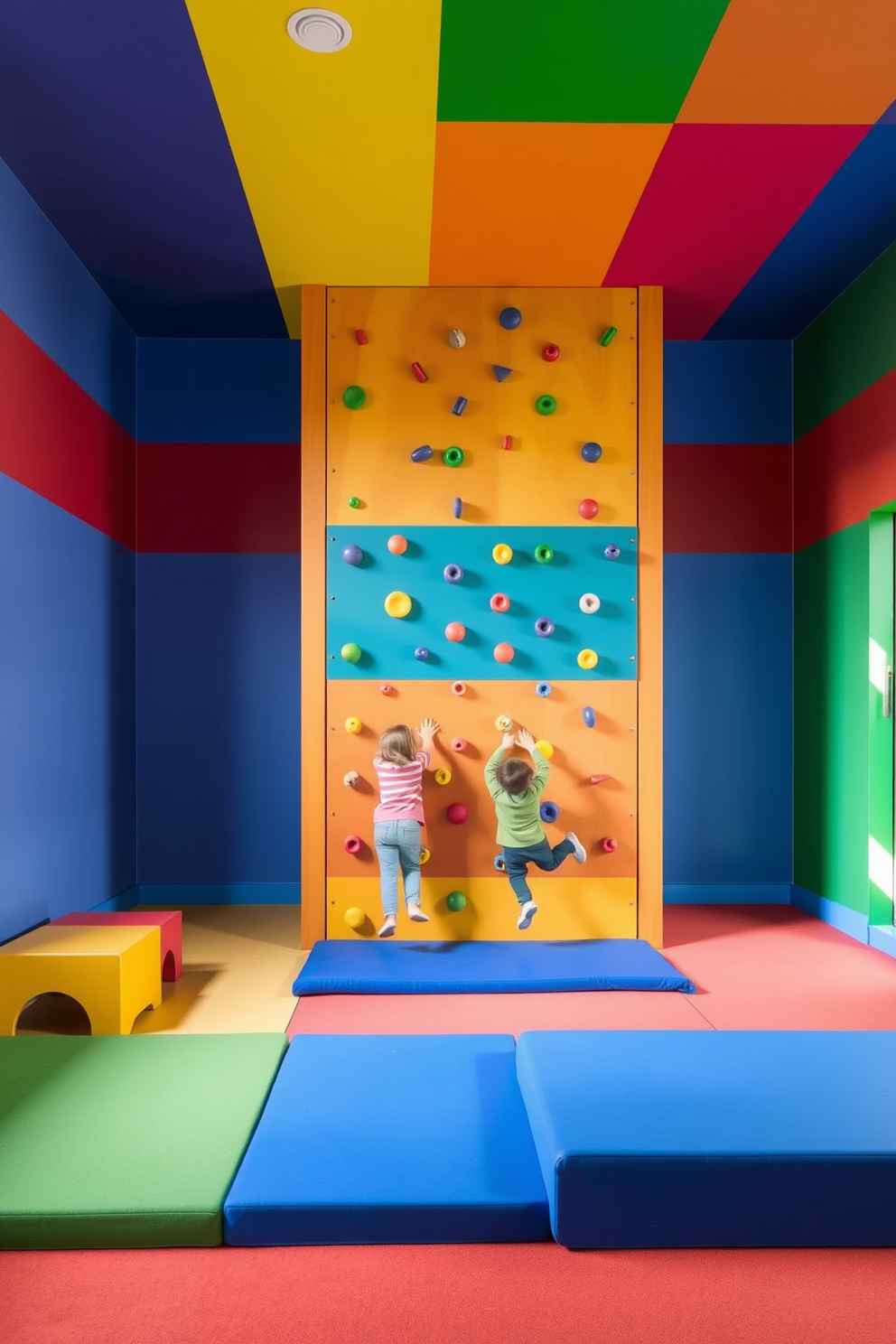 A vibrant play kitchen designed for imaginative role play. It features colorful cabinets, a miniature stove, and a sink, all set against a cheerful backdrop of patterned wallpaper. The playroom is filled with soft rugs and bean bags for comfort. Shelves are lined with toys and books, creating an inviting space for creativity and fun.