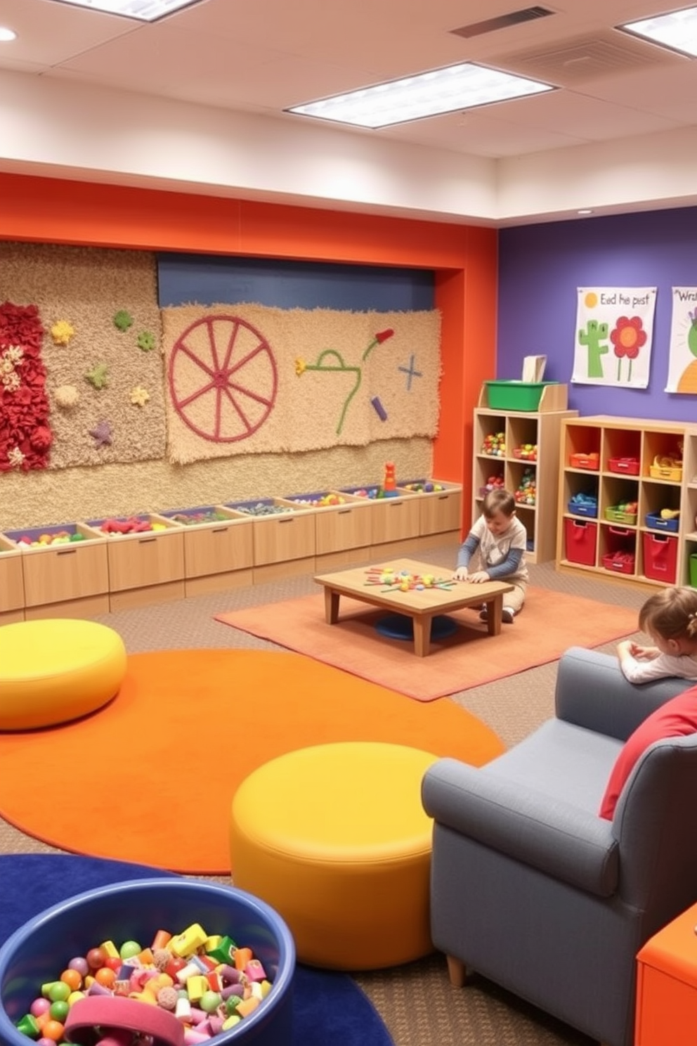 A sensory play area designed for children featuring a variety of textured materials. The space includes soft rugs, tactile wall panels, and bins filled with different sensory toys to encourage exploration and creativity. Bright colors dominate the playroom, with playful artwork adorning the walls. Comfortable seating areas are arranged for both kids and caregivers to relax and engage in activities together.