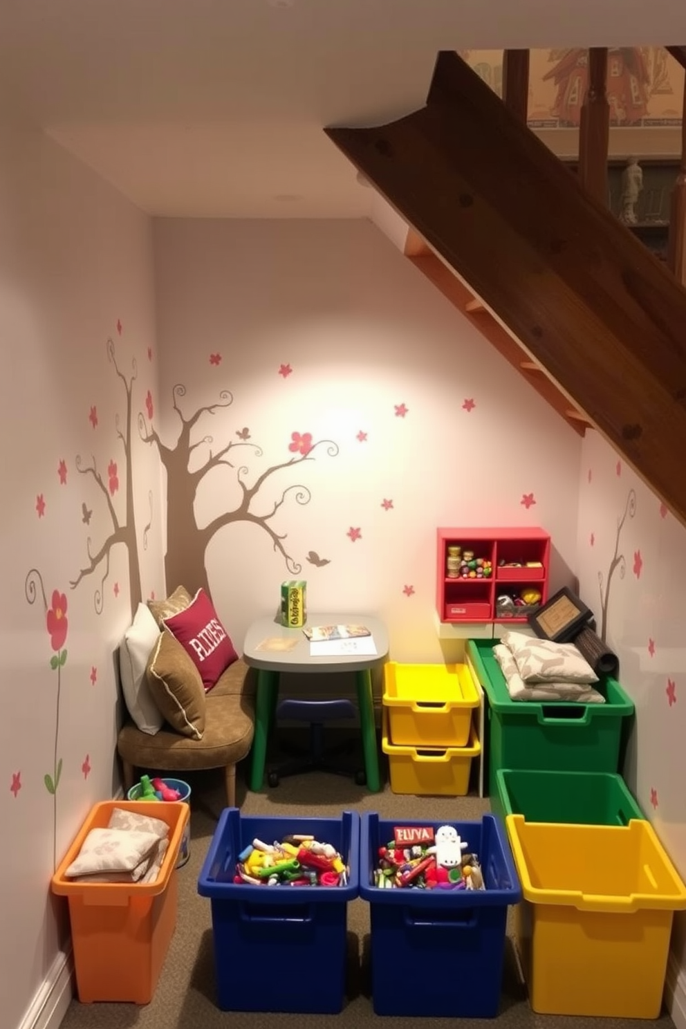 A whimsical under-the-stairs play hideaway space designed for children. The area features colorful wall decals, a cozy reading nook with plush cushions, and a small table for arts and crafts. Brightly colored storage bins are neatly arranged to keep toys organized. Soft lighting creates a warm and inviting atmosphere, making it the perfect retreat for imaginative play.