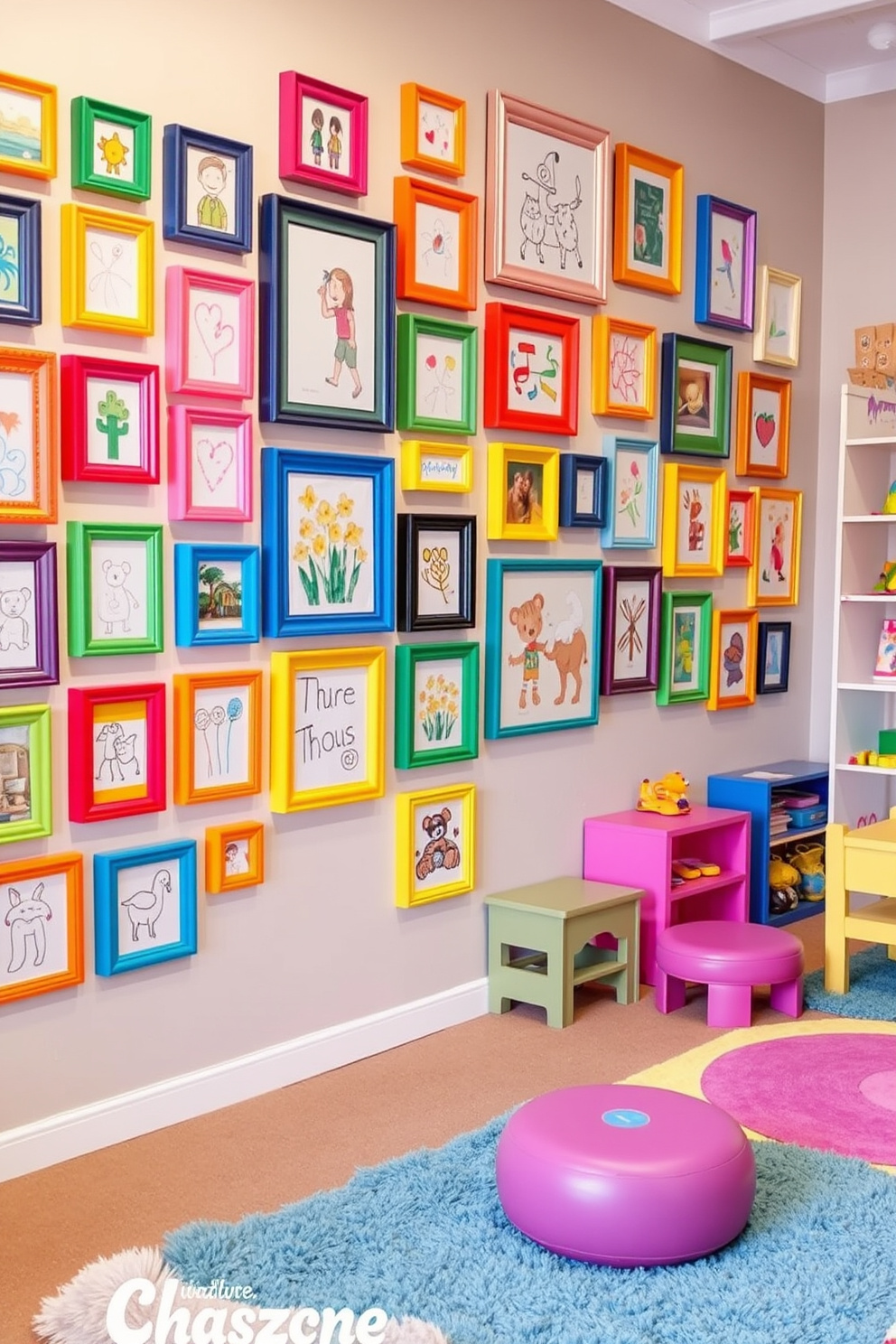 A vibrant art gallery wall filled with colorful frames showcasing children's artwork. The wall features a mix of sizes and styles, creating a playful and inviting atmosphere. A whimsical playroom designed for kids, complete with soft, plush rugs and bright, playful furniture. The space includes a variety of activity zones for arts and crafts, reading nooks, and imaginative play areas.