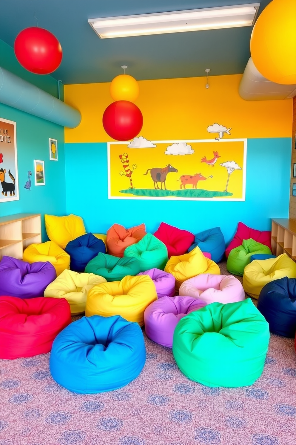 Colorful bean bags in various shapes and sizes are scattered throughout a vibrant kids playroom. The walls are painted in cheerful pastel colors, and playful artwork adorns the space, creating an inviting atmosphere for children to enjoy.