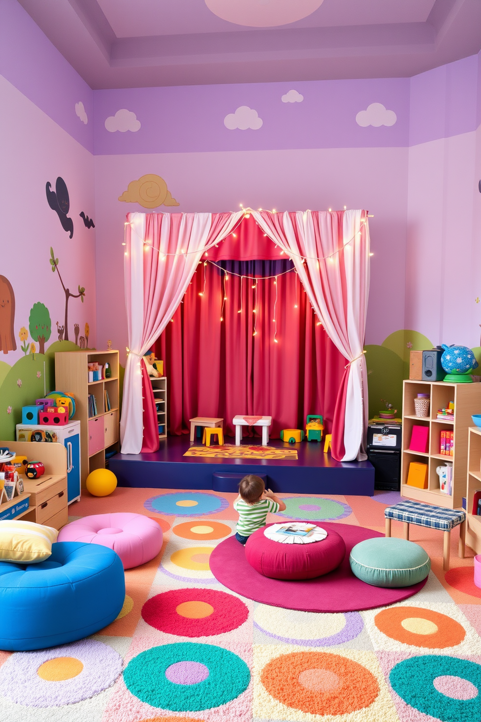 A vibrant kids playroom featuring a mini stage for performances. The walls are painted in bright colors with playful murals, and soft, colorful rugs cover the floor for a cozy atmosphere. The mini stage is adorned with fairy lights and curtains, creating an inviting space for creativity. Surrounding the stage, there are various play zones with toys, bookshelves, and comfortable seating for kids to enjoy.