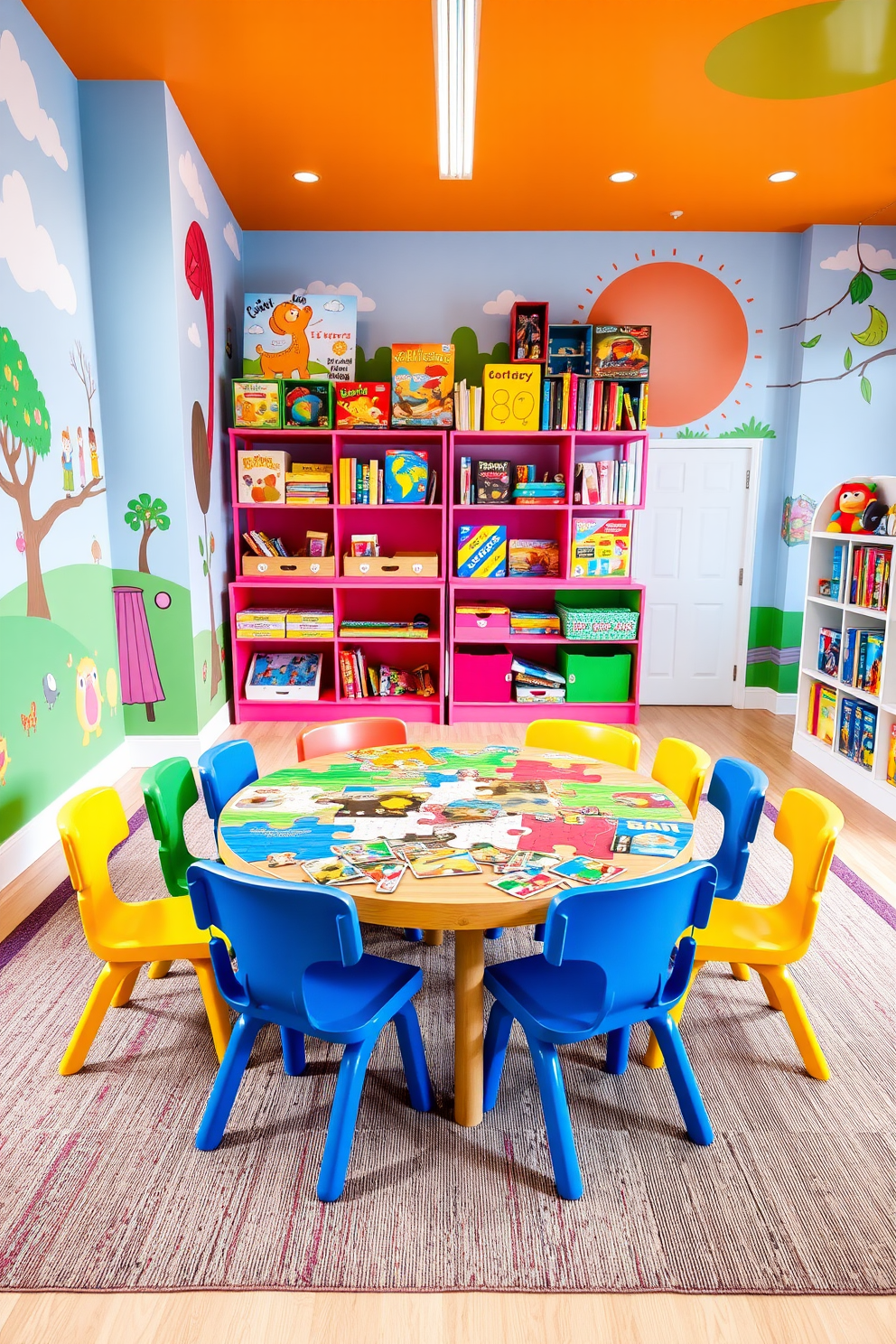 A vibrant kids playroom filled with colorful puzzle and game stations. The room features a large soft rug in bright primary colors, surrounded by low shelving units filled with board games and puzzles. In one corner, a cozy reading nook with bean bags and a small bookshelf invites children to explore their favorite stories. The walls are adorned with playful murals and chalkboard paint for endless creativity.