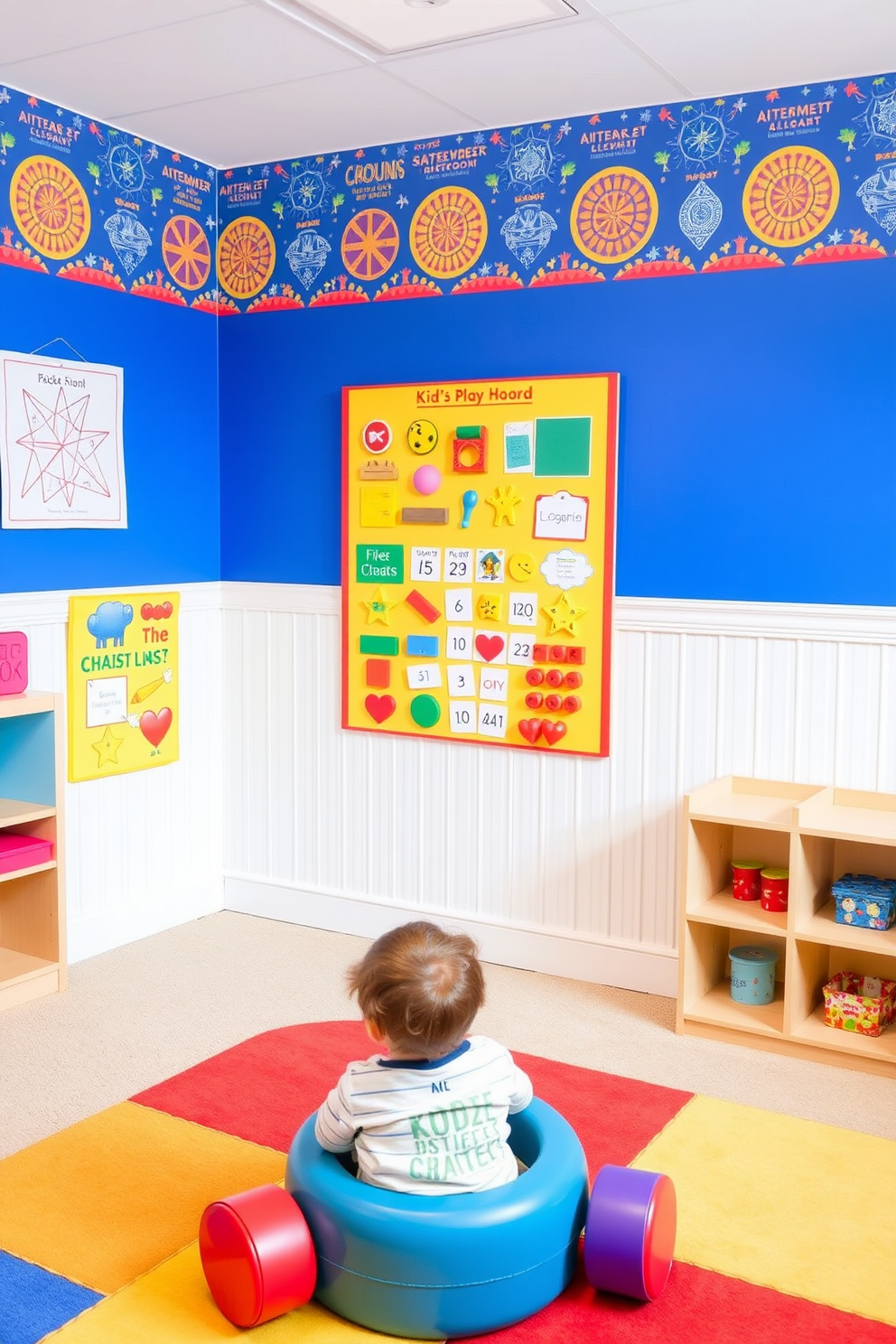 A vibrant kids playroom featuring wall-mounted activity boards that encourage engagement. The walls are painted in bright colors with playful patterns, and soft, cushioned flooring provides a safe area for play.