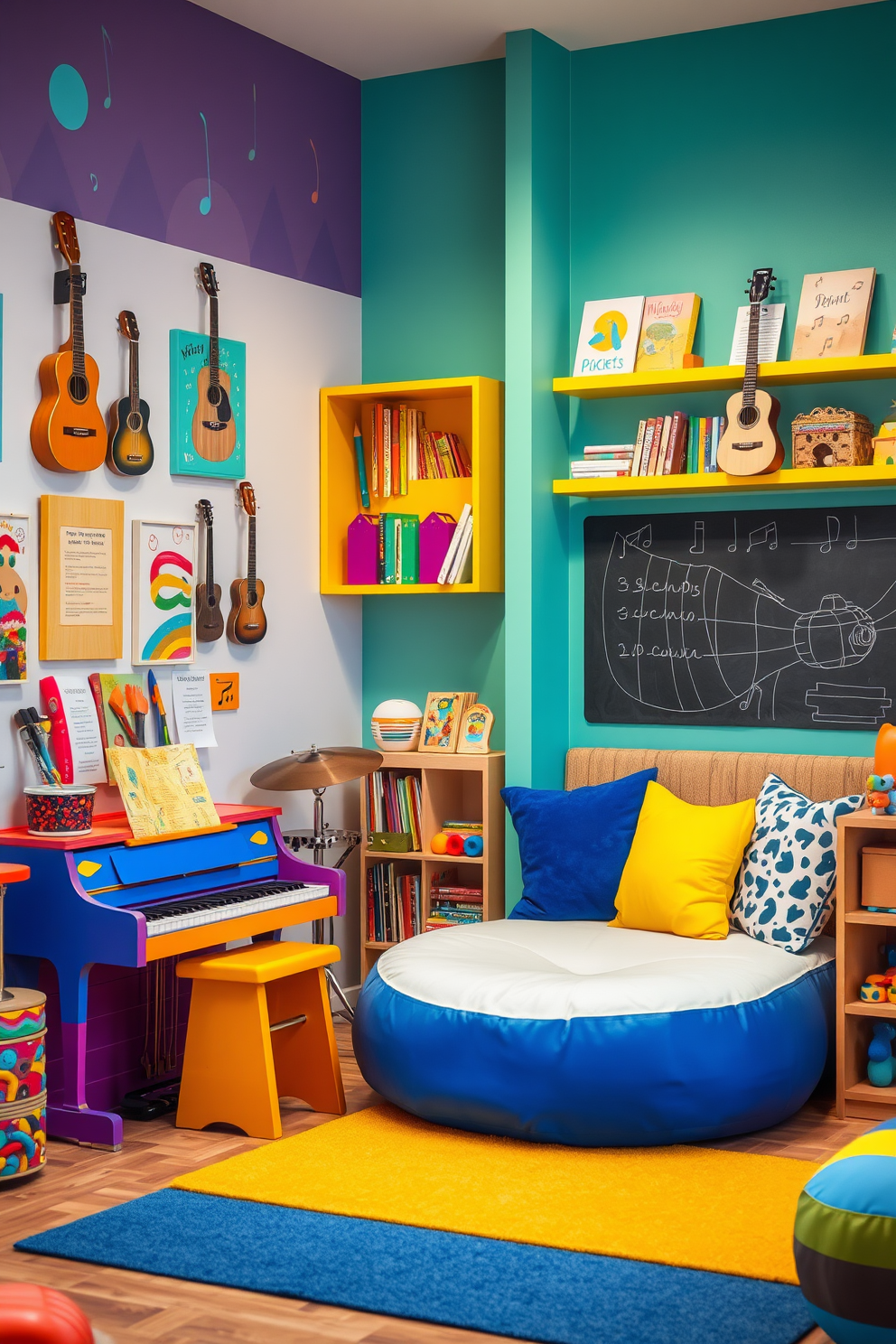 Create a vibrant music corner filled with various instruments including a colorful piano, a set of drums, and hanging guitars. The walls are adorned with playful music-themed artwork and bright shelving displays showcasing books and sheet music. Design a whimsical kids playroom featuring a cozy reading nook with oversized cushions and a small bookshelf. The space includes a variety of interactive play areas with toys, a chalkboard wall for creativity, and cheerful, colorful decor throughout.