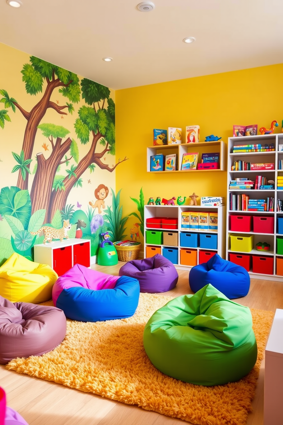 A vibrant kids playroom filled with bright colors and playful decor. The walls are painted in a cheerful yellow, and colorful bean bags are scattered across a soft, plush rug. A large mural of a whimsical jungle scene adorns one wall, inspiring imagination and adventure. Shelves filled with toys and books are organized in a rainbow of colors, making it easy for kids to find their favorites.