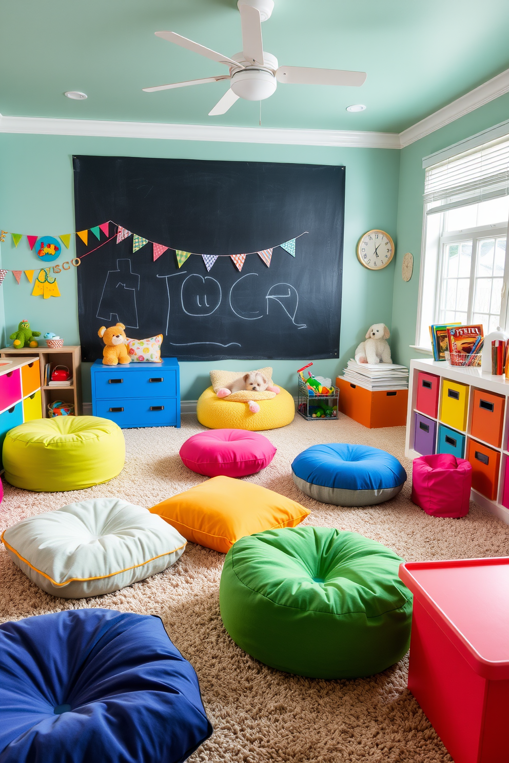 A vibrant kids playroom filled with colorful furniture and playful decor. There are soft, oversized cushions scattered on a plush carpet, and a large chalkboard wall allows for endless creativity. In one corner, a cozy pet corner features a stylish pet bed and a small bookshelf filled with pet toys. Brightly colored bins hold art supplies and games, creating an organized yet fun environment for both kids and pets.