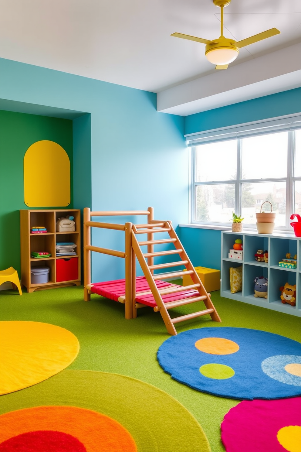 A vibrant kids playroom featuring a small climbing frame designed for exercise. The walls are painted in cheerful primary colors, and soft, colorful rugs are spread across the floor for comfort during play.