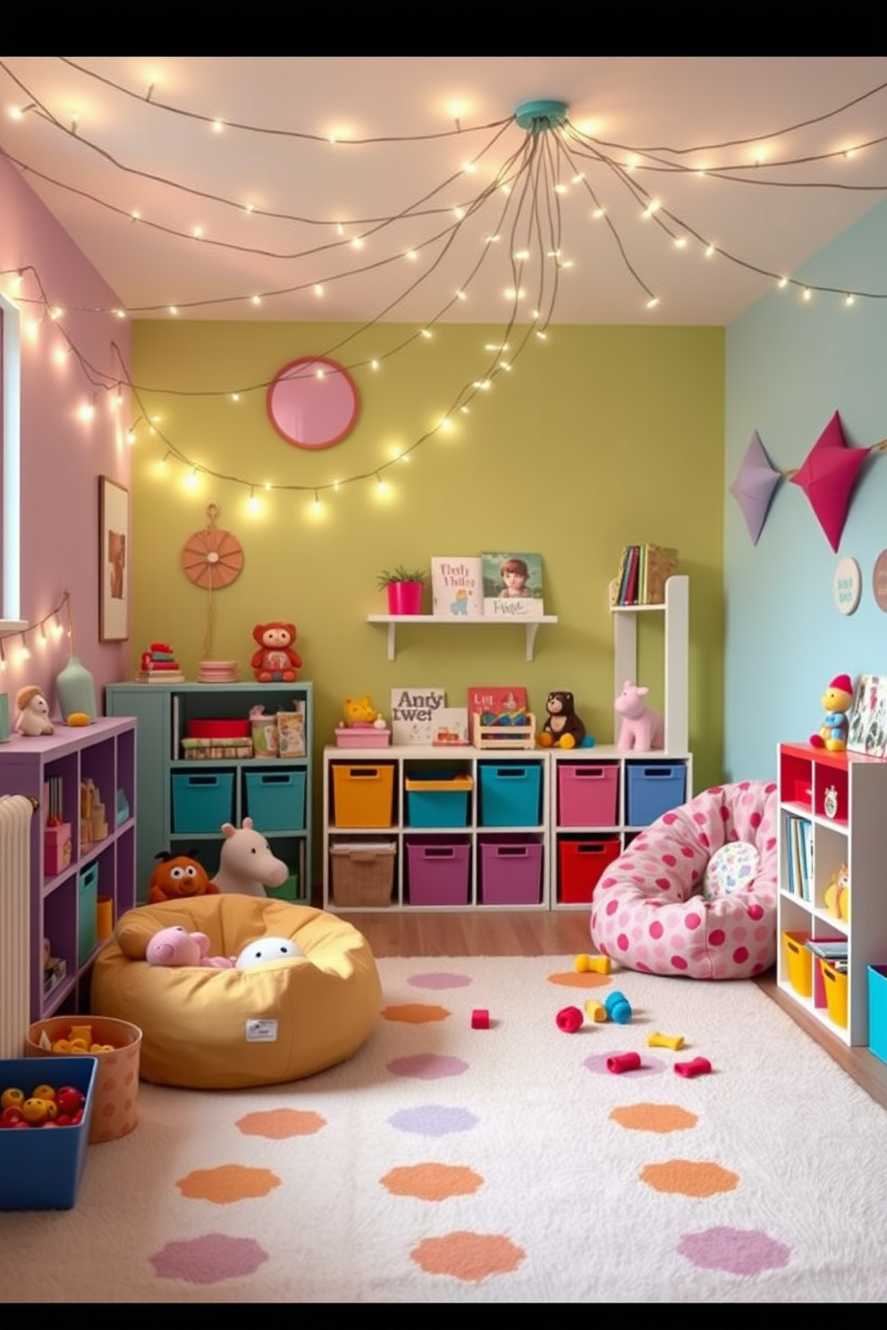 A whimsical kids playroom filled with vibrant colors and playful decor. The walls are painted in a cheerful pastel palette, and a soft area rug covers the floor, providing a cozy space for play. String fairy lights are draped across the ceiling, creating a magical ambiance that enchants the room. A variety of toys are neatly organized in colorful bins, while a small reading nook features a bean bag chair and a shelf filled with storybooks.