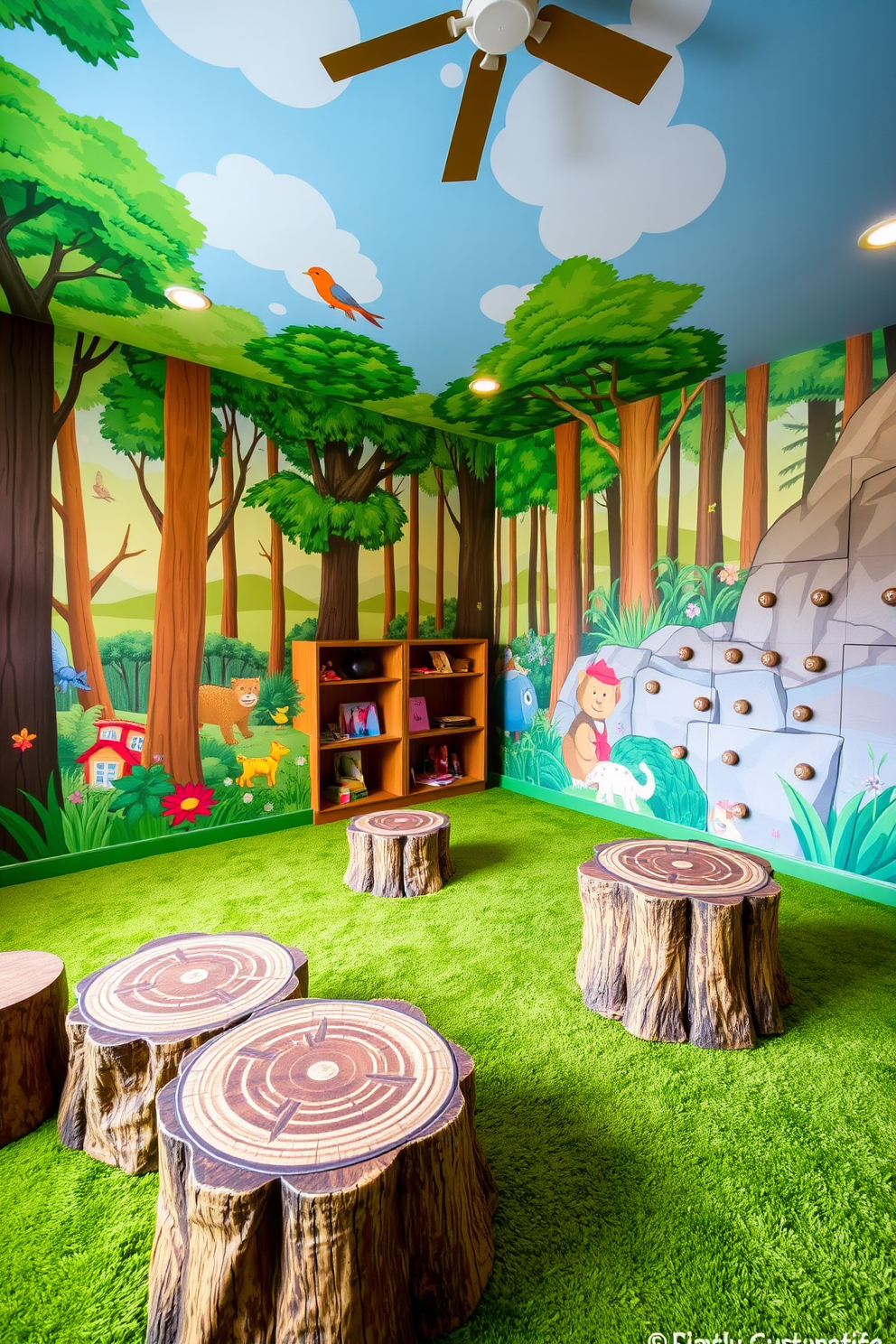 A vibrant playroom designed for children, featuring a nature-themed mural depicting a lush forest with colorful animals and trees. The floor is covered with soft, green grass-like carpet, and there are various play zones including a reading nook with tree stump seats and a climbing wall that resembles a rocky hillside.