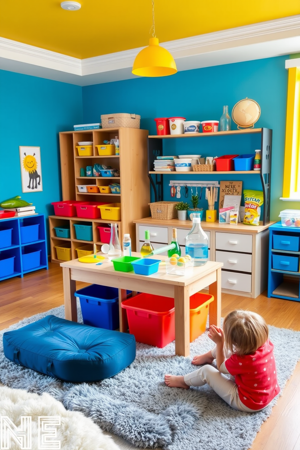 A vibrant kids playroom filled with creativity and exploration. The room features a dedicated science experiment station with a sturdy wooden table, colorful storage bins, and various science supplies neatly organized. Brightly colored walls in shades of blue and yellow create an inviting atmosphere. Soft, plush rugs provide a comfortable area for children to sit and engage in hands-on experiments and imaginative play.