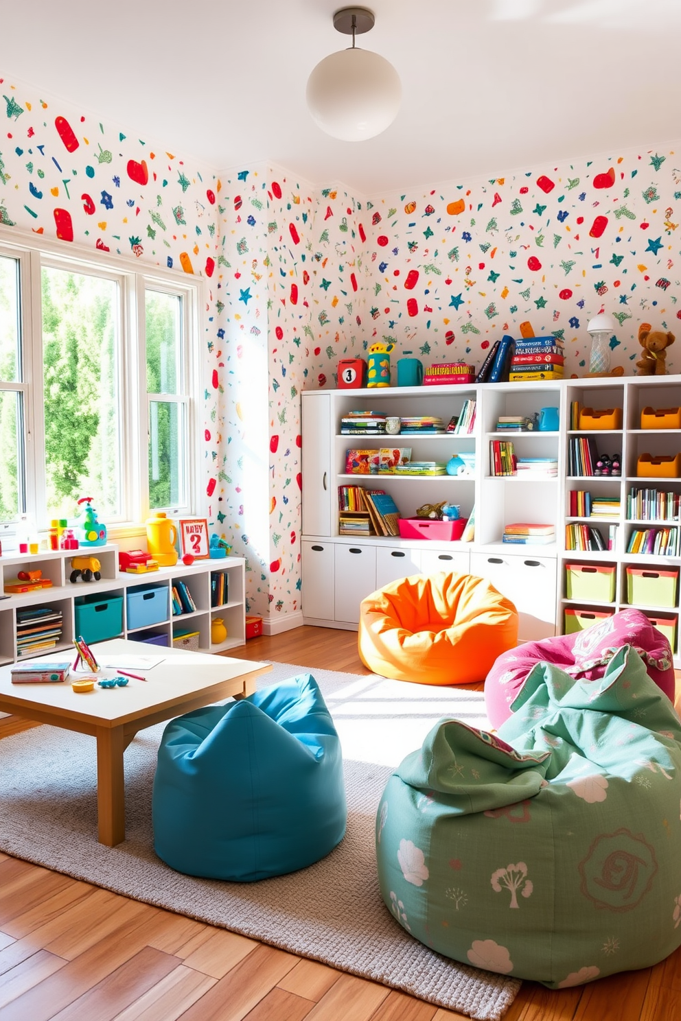 A vibrant kids playroom filled with removable wallpaper featuring playful patterns and bright colors. The space includes a soft area rug, a low table for arts and crafts, and shelves filled with toys and books. Comfortable bean bag chairs are arranged in a cozy corner, creating a perfect reading nook. Large windows allow natural light to flood the room, enhancing the cheerful atmosphere.