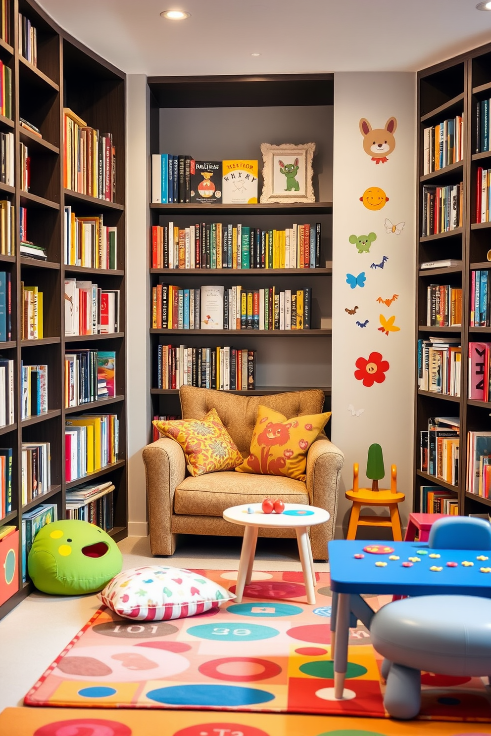 Cozy reading nook with soft pillows. A plush armchair is nestled in the corner, surrounded by floor-to-ceiling bookshelves filled with colorful books. Kids playroom design ideas. The space features a vibrant play mat, a small table for arts and crafts, and bright wall decals that inspire creativity and fun.