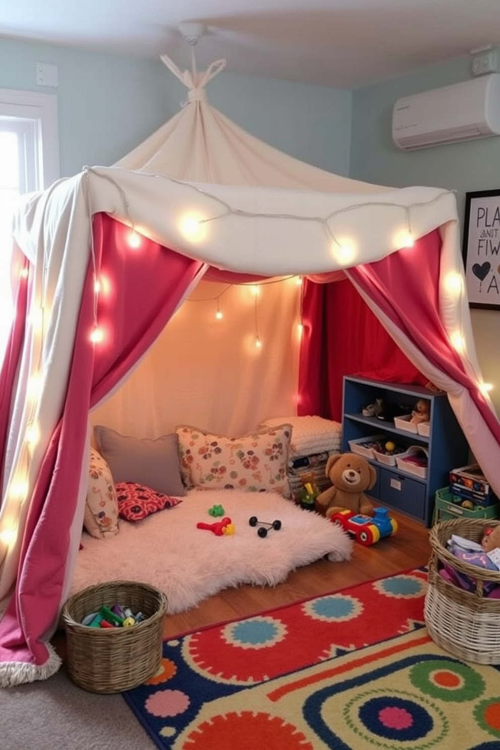 Design a cozy fort made of soft blankets and cushions. The fort is illuminated with string lights, creating a warm and inviting atmosphere for children to play. The playroom features colorful rugs and playful wall art. A variety of toys are neatly organized in baskets, encouraging creativity and fun.