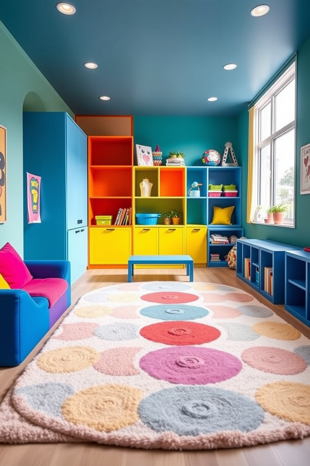 A vibrant kids playroom featuring modular furniture that can be easily rearranged to create flexible play areas. Brightly colored cushions and bean bags provide comfortable seating, while a large soft rug covers the floor for safe play.